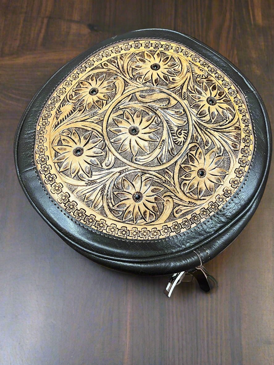 Western Canteen Crossbody Bag — Vintage Distressed Leather Tooled One Side + Hair-on-Hide Other Side (10.5") - Rooted & Reckless Co.