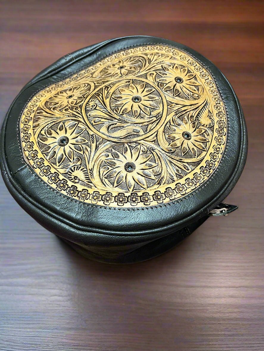 Western Canteen Crossbody Bag — Vintage Distressed Leather Tooled One Side + Hair-on-Hide Other Side (10.5") - Rooted & Reckless Co.