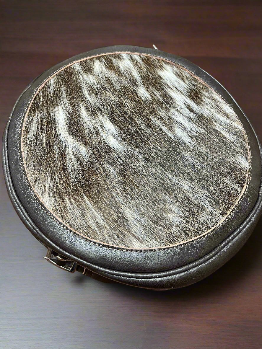Western Canteen Crossbody Bag — Vintage Distressed Leather Tooled One Side + Hair-on-Hide Other Side (10.5") - Rooted & Reckless Co.