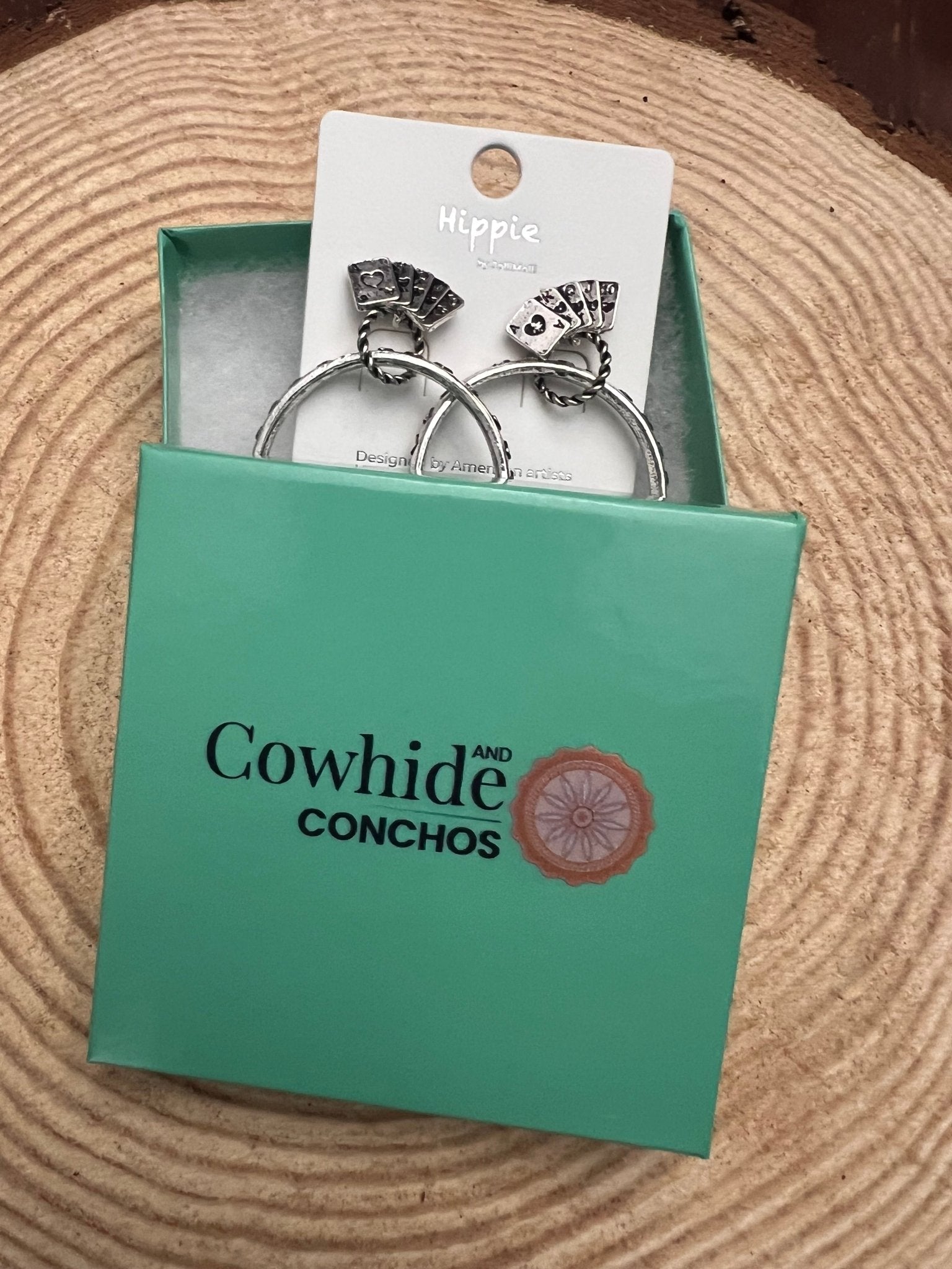 Western Card Theme Hoop Earrings with Playing Card Detail — 2" Drop - Rooted & Reckless Co.