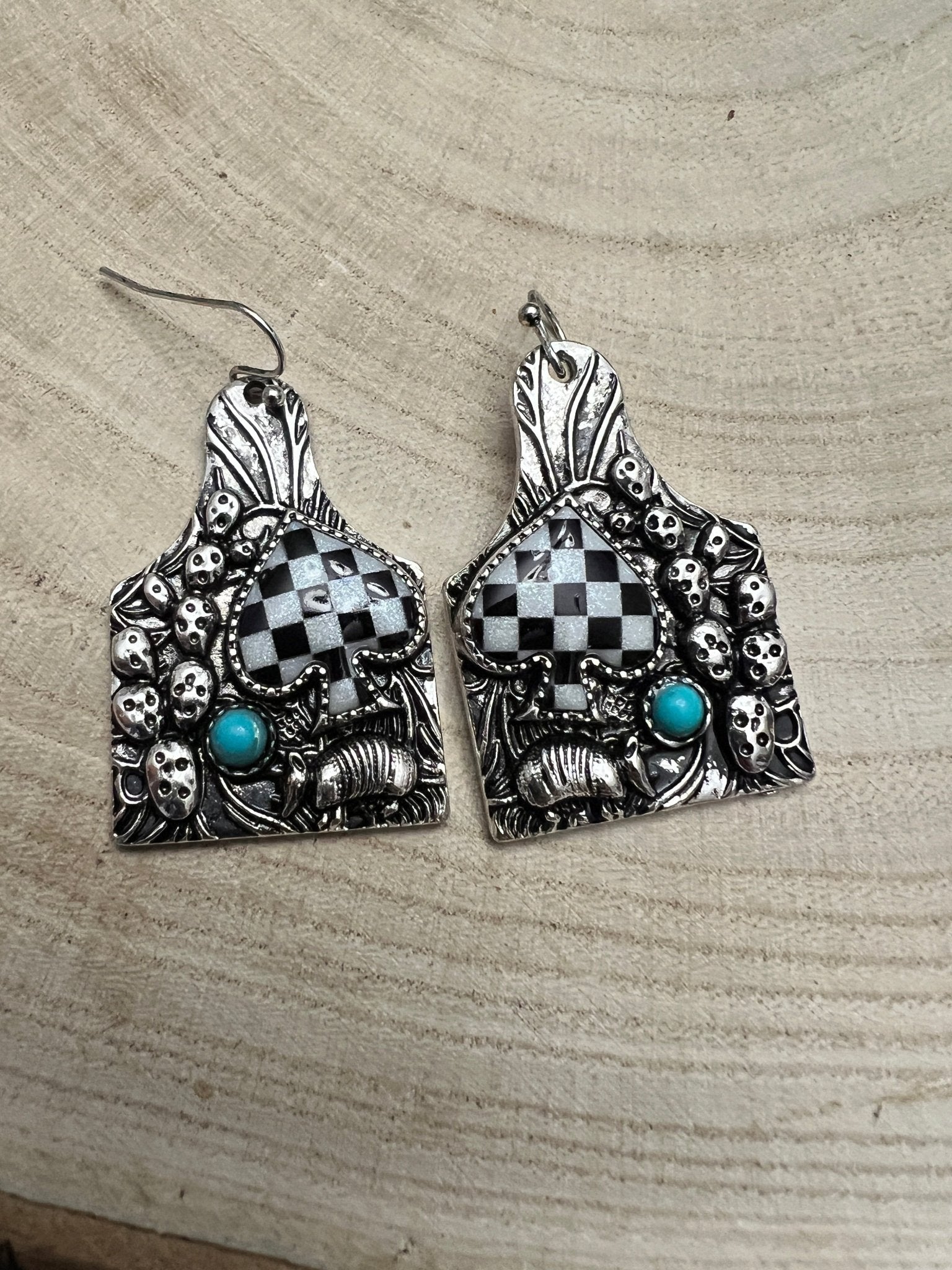 Western Cattle Tag, Armadillo & Spade Earrings with Checker Detail — 1½" Drop - Rooted & Reckless Co.