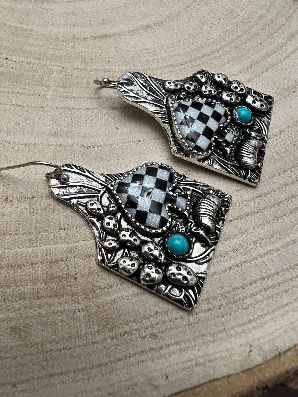 Western Cattle Tag, Armadillo & Spade Earrings with Checker Detail — 1½" Drop - Rooted & Reckless Co.