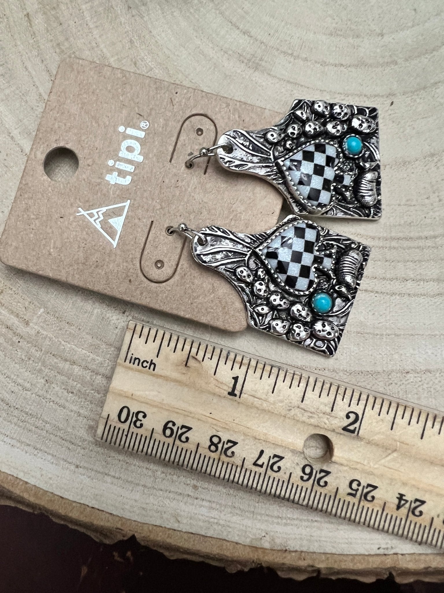 Western Cattle Tag, Armadillo & Spade Earrings with Checker Detail — 1½" Drop - Rooted & Reckless Co.