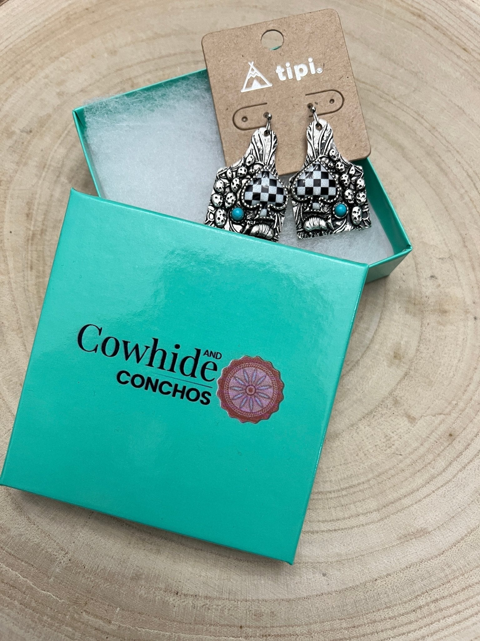 Western Cattle Tag, Armadillo & Spade Earrings with Checker Detail — 1½" Drop - Rooted & Reckless Co.