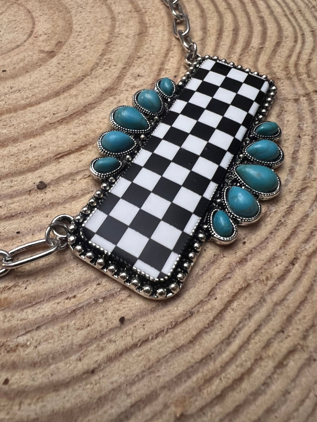 Western Checkered Bar Necklace with Faux Turquoise — 18 Inch - Rooted & Reckless Co.