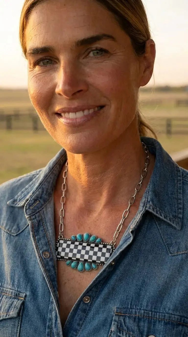Western Checkered Bar Necklace with Faux Turquoise — 18 Inch - Rooted & Reckless Co.