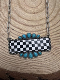 Western Checkered Bar Necklace with Faux Turquoise — 18 Inch - Rooted & Reckless Co.