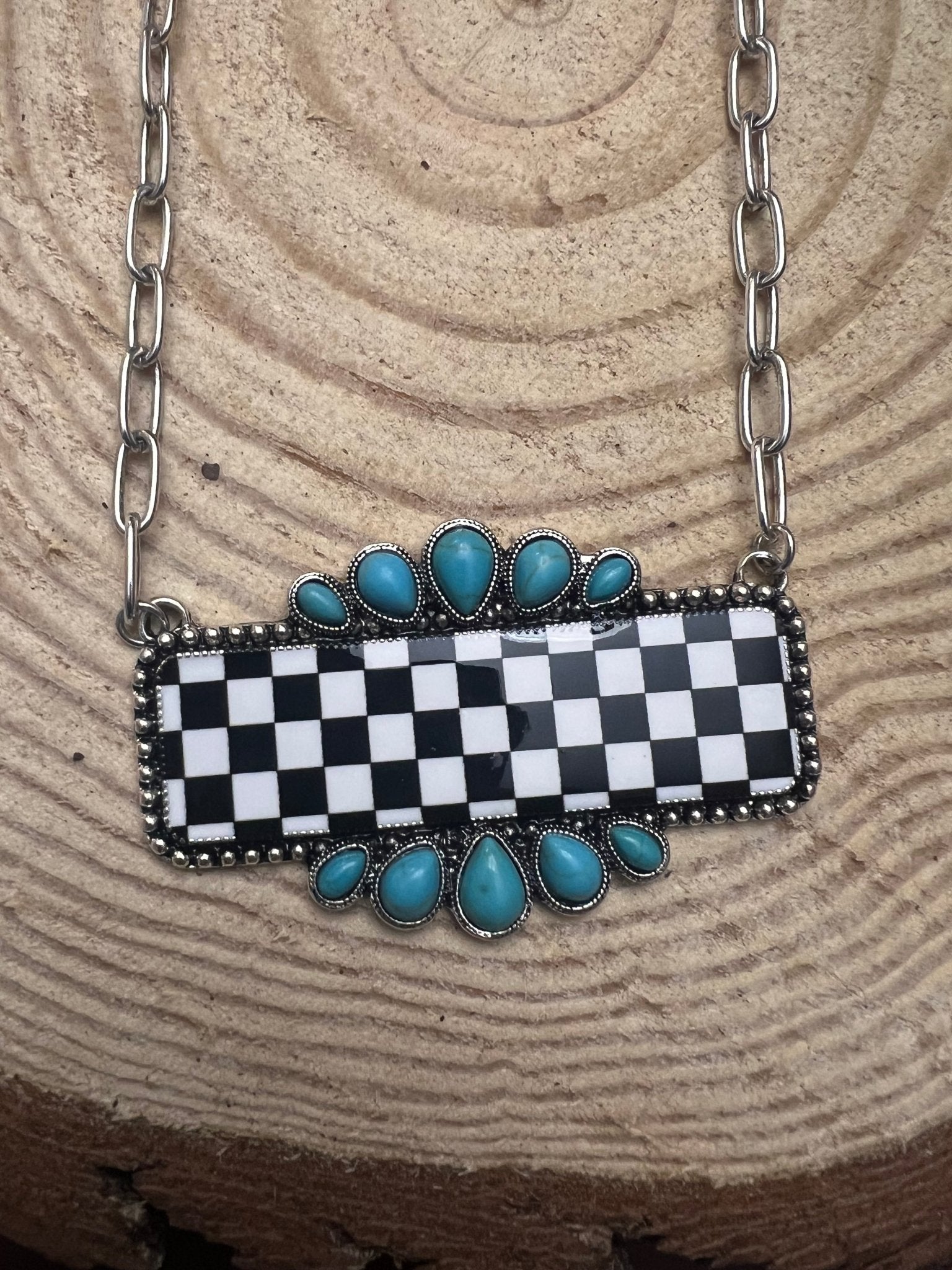 Western Checkered Bar Necklace with Faux Turquoise — 18 Inch - Rooted & Reckless Co.
