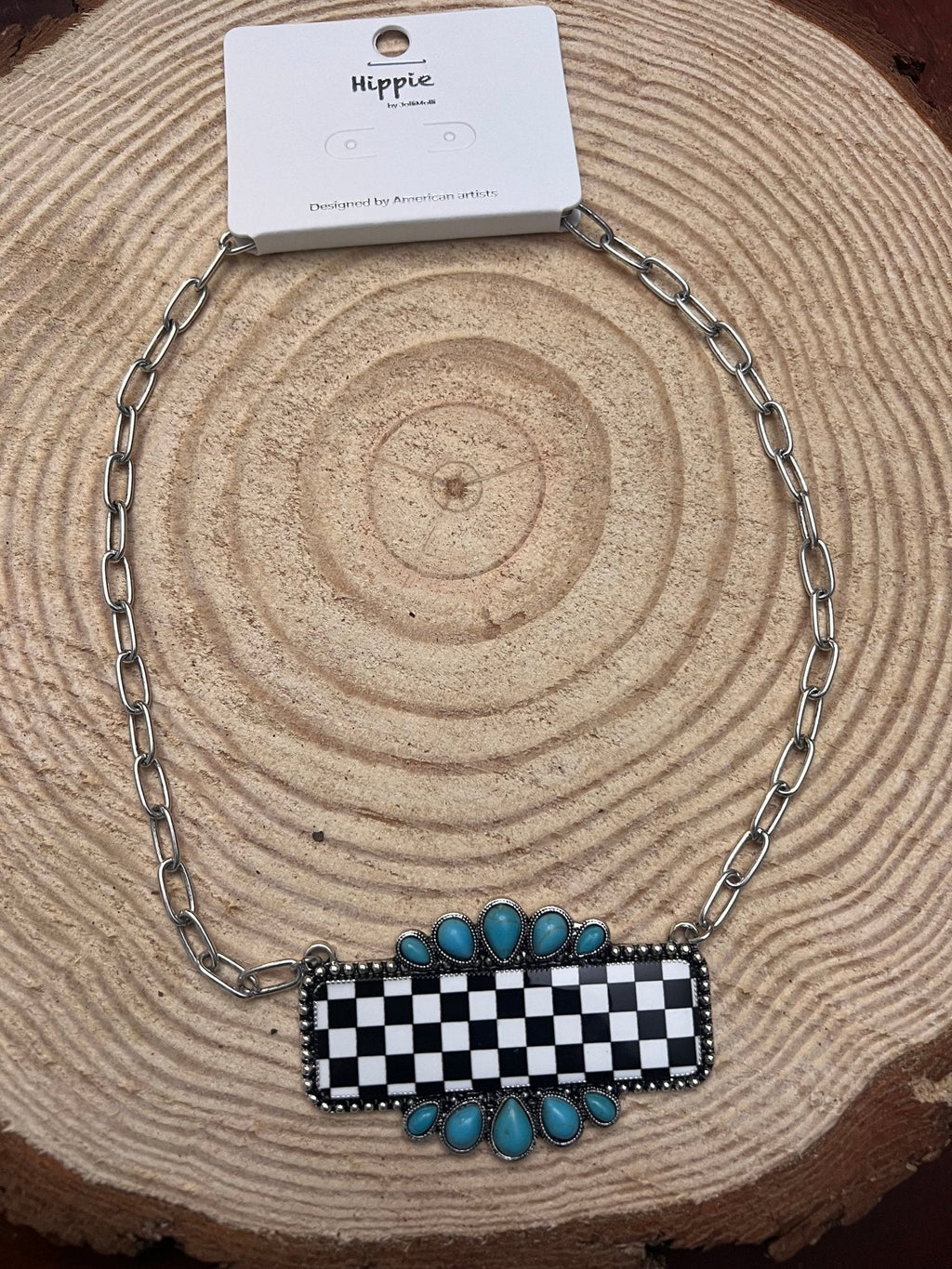 Western Checkered Bar Necklace with Faux Turquoise — 18 Inch - Rooted & Reckless Co.