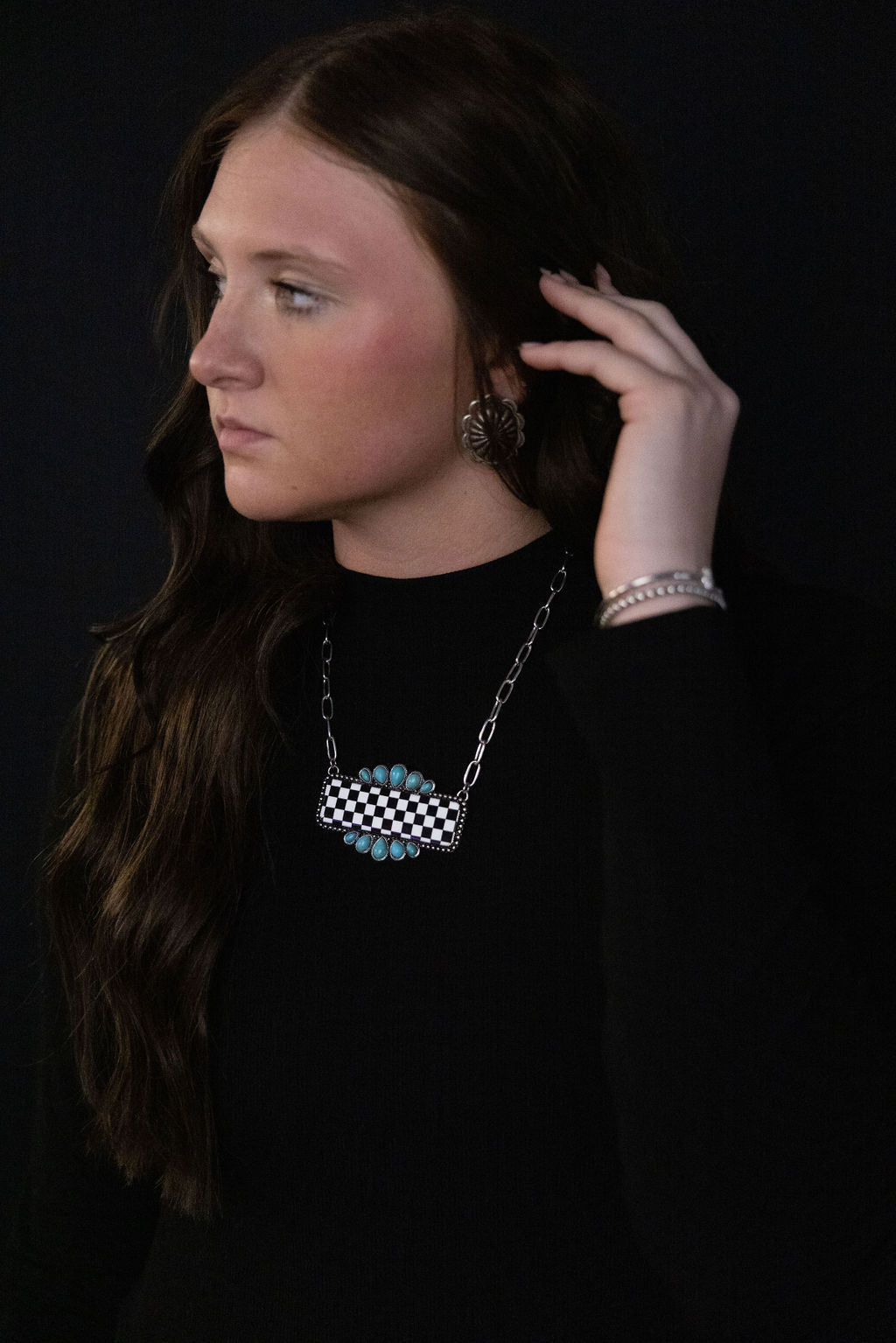 Western Checkered Bar Necklace with Faux Turquoise — 18 Inch - Rooted & Reckless Co.