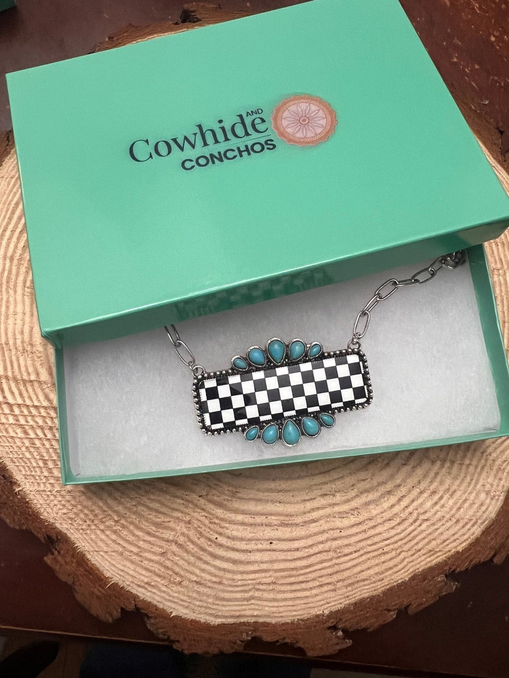 Western Checkered Bar Necklace with Faux Turquoise — 18 Inch - Rooted & Reckless Co.