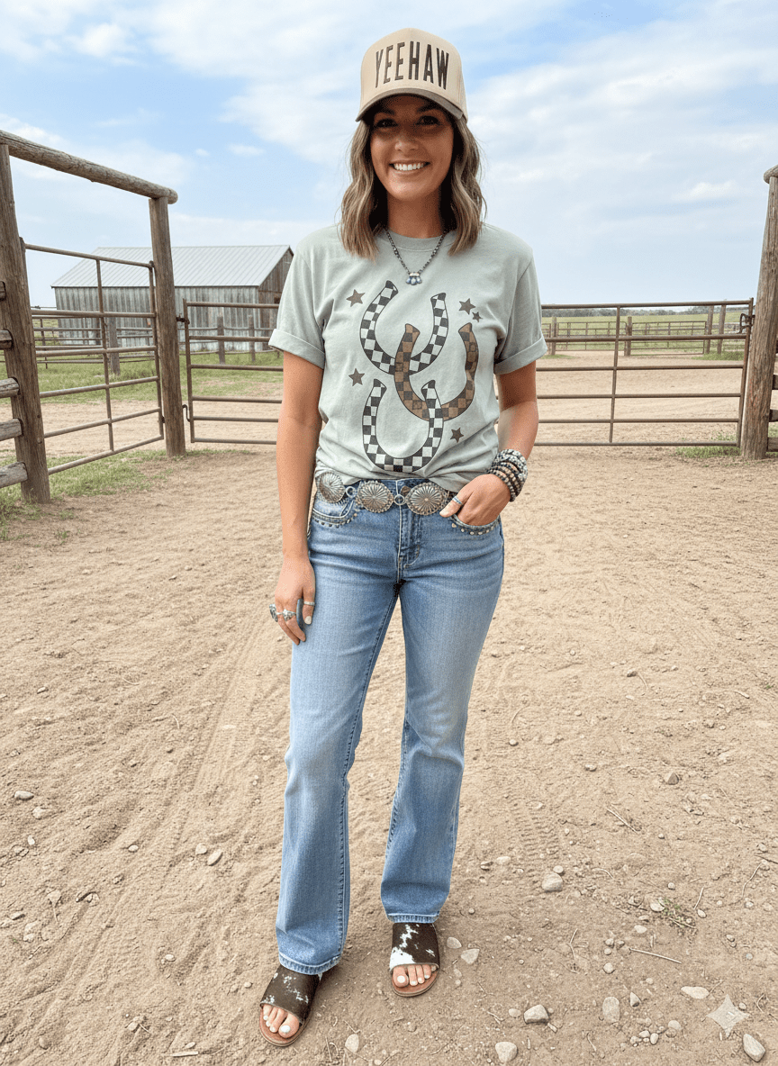 Western Checkered Horseshoe Graphic Tee - Rooted & Reckless Co.