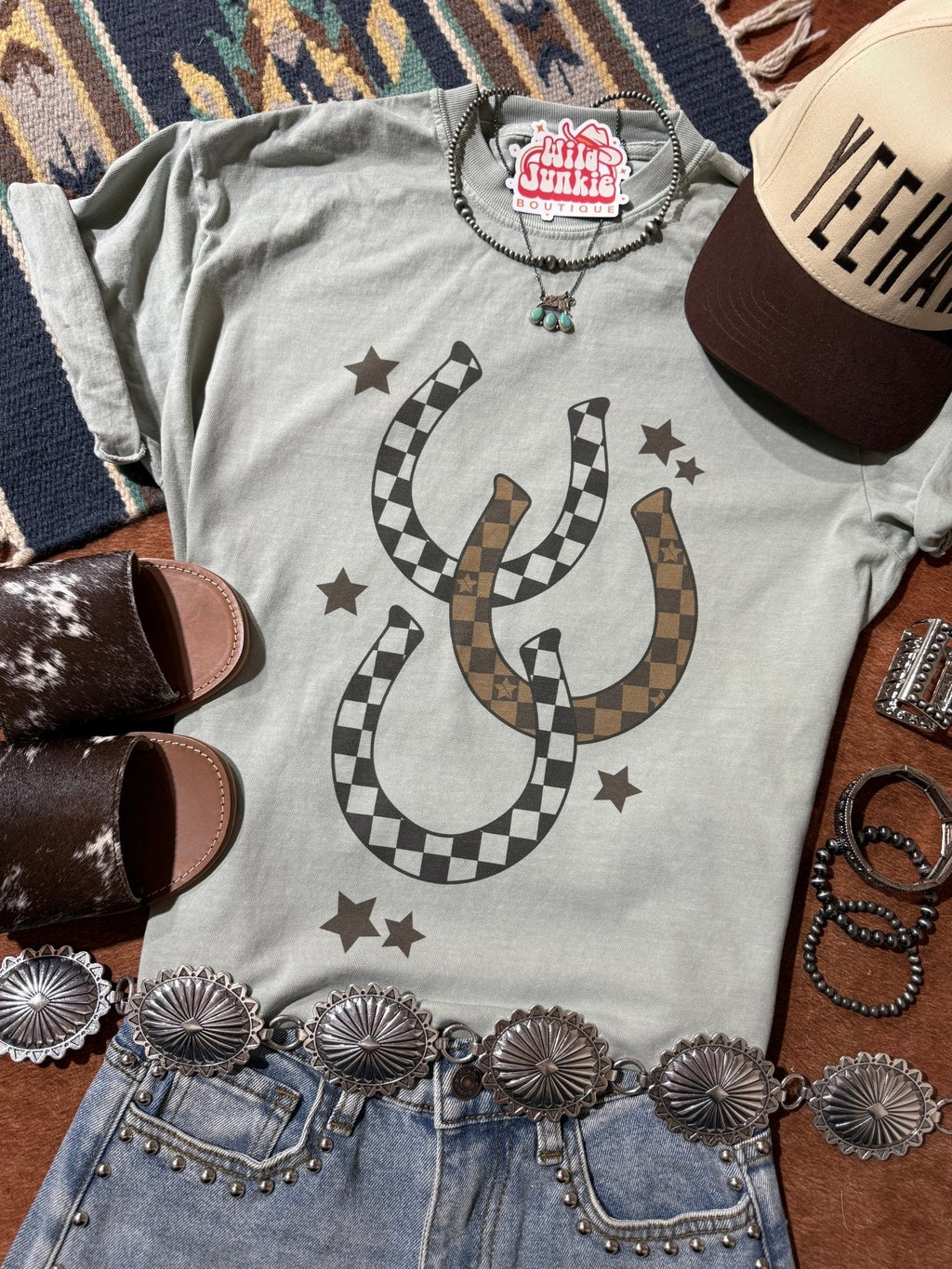 Western Checkered Horseshoe Graphic Tee - Rooted & Reckless Co.