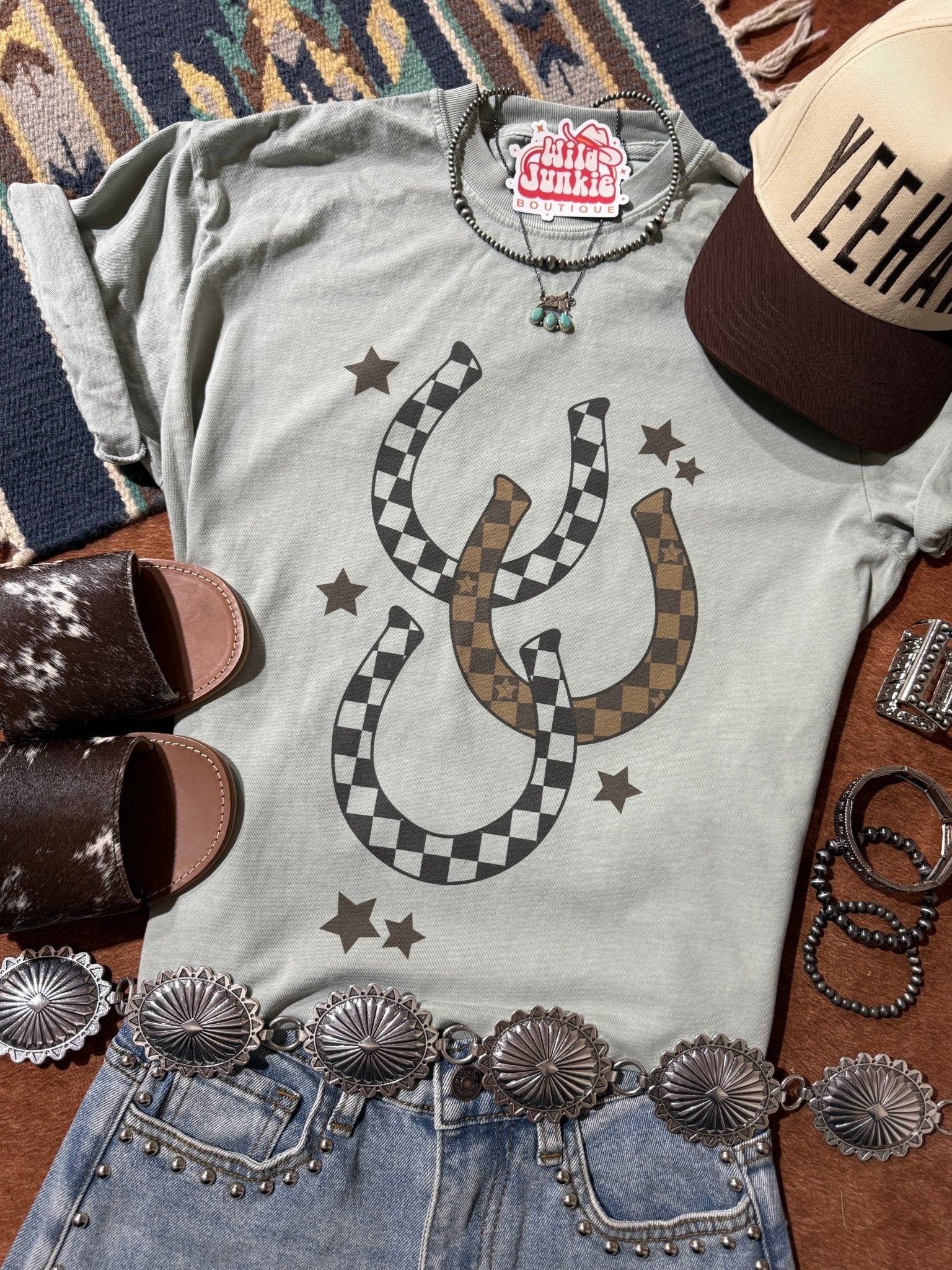 Western Checkered Horseshoe Graphic Tee - Rooted & Reckless Co.