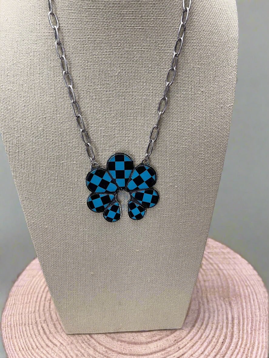 Western Checkered Squash Blossom Necklace — 18 Inch Southwestern Statement - Rooted & Reckless Co.