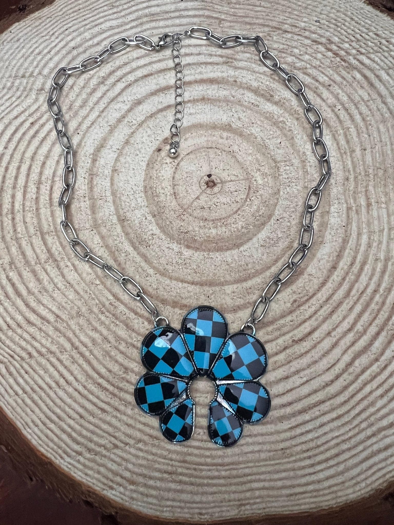 Western Checkered Squash Blossom Necklace — 18 Inch Southwestern Statement - Rooted & Reckless Co.