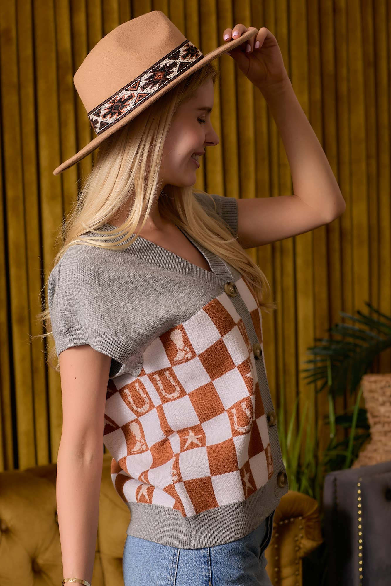 Western Checkered Sweater Vest - small remaining - Rooted & Reckless Co.