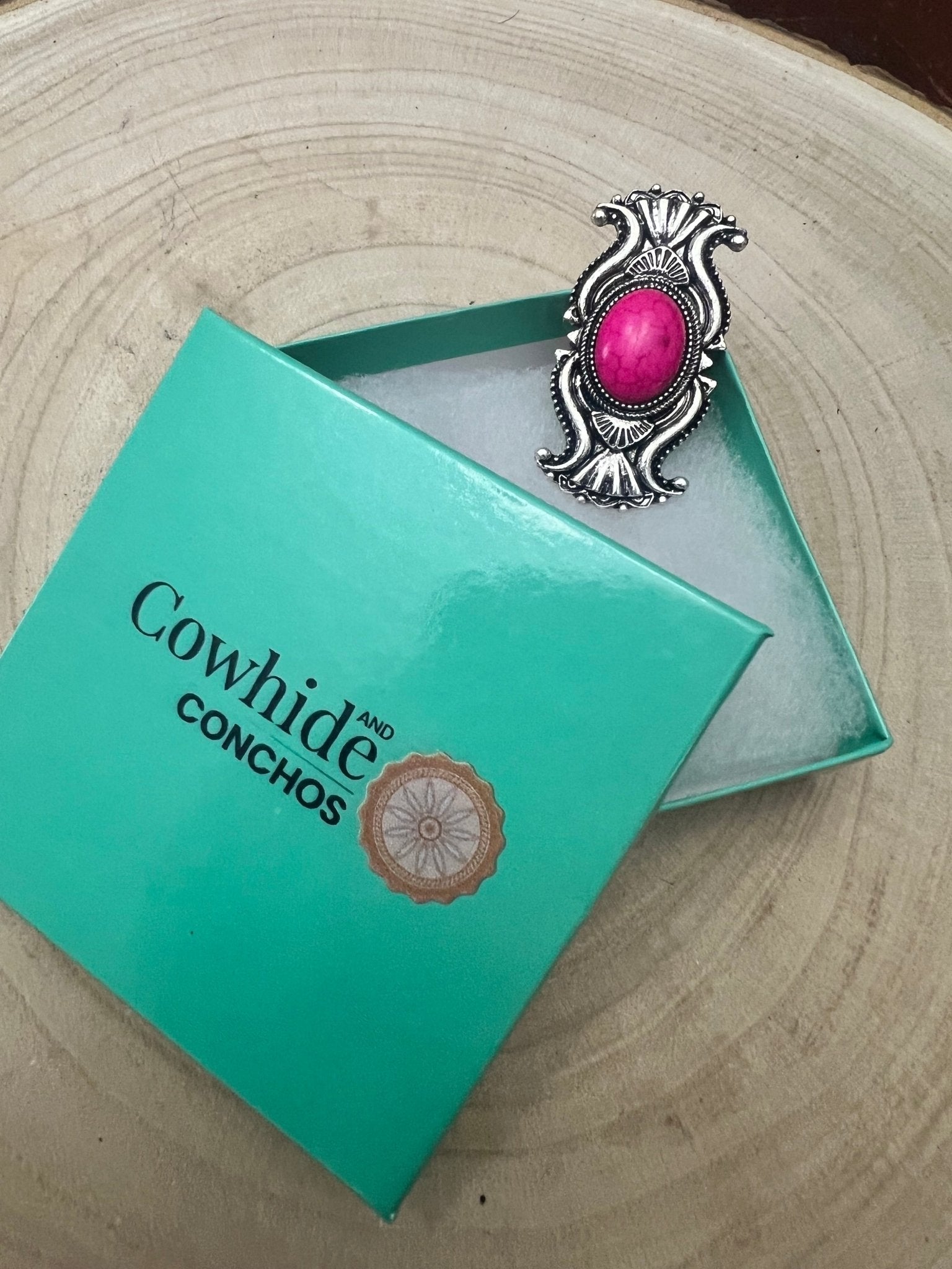 Western Concho Adjustable Ring with Faux Pink Stone — Everyday Southwestern Hand Statement - Rooted & Reckless Co.