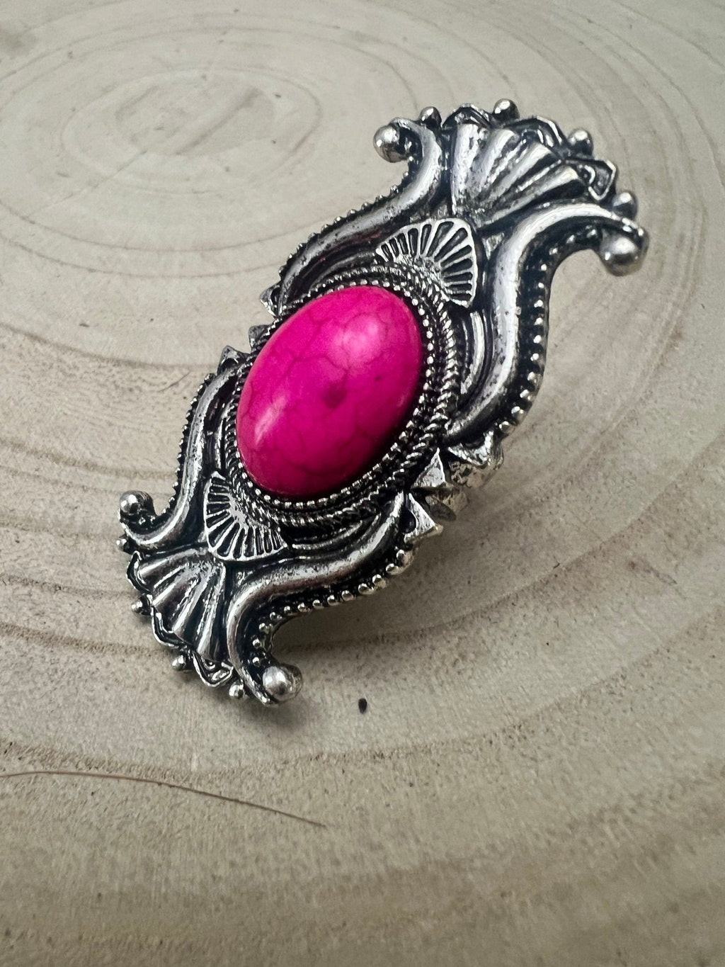 Western Concho Adjustable Ring with Faux Pink Stone — Everyday Southwestern Hand Statement - Rooted & Reckless Co.