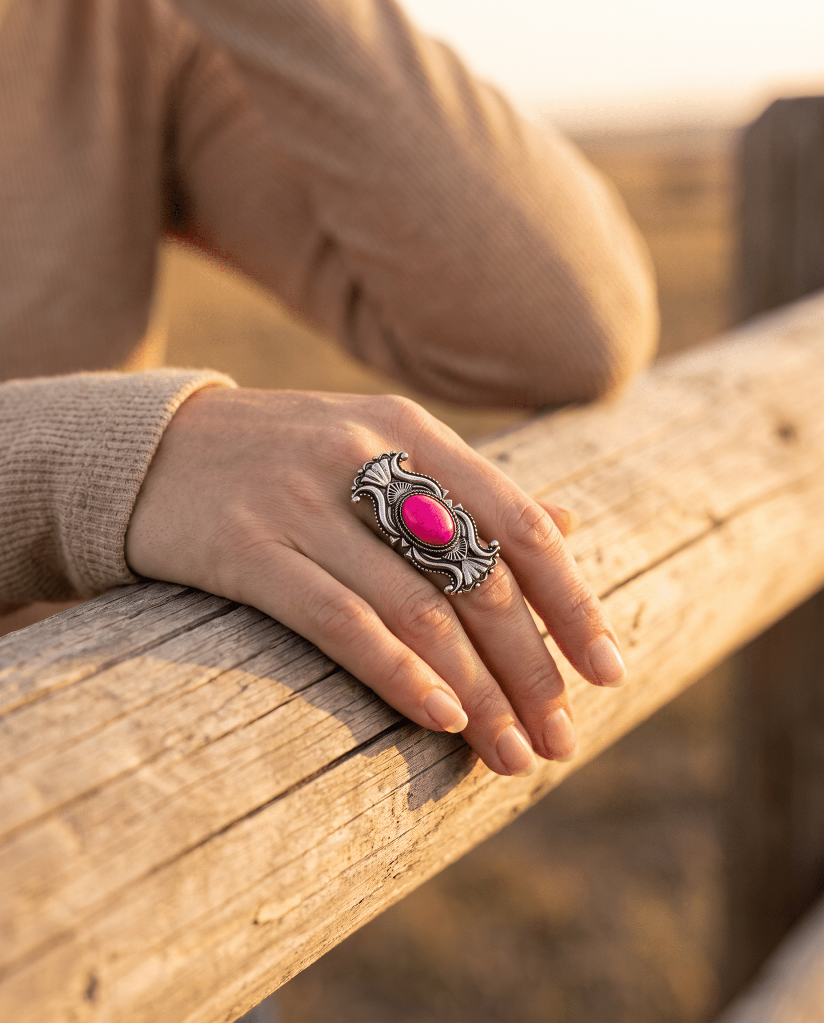 Western Concho Adjustable Ring with Faux Pink Stone — Everyday Southwestern Hand Statement - Rooted & Reckless Co.
