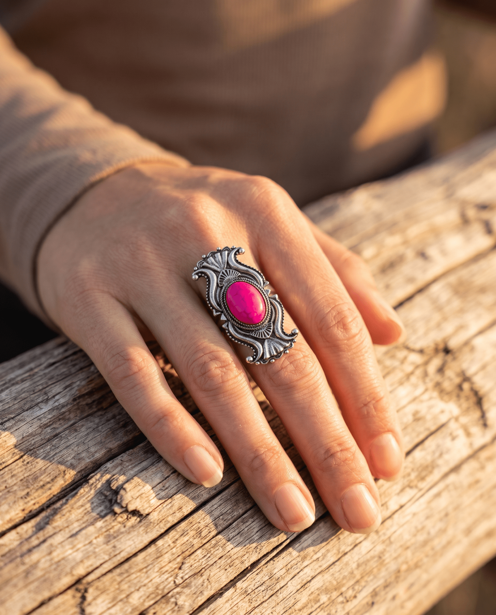 Western Concho Adjustable Ring with Faux Pink Stone — Everyday Southwestern Hand Statement - Rooted & Reckless Co.