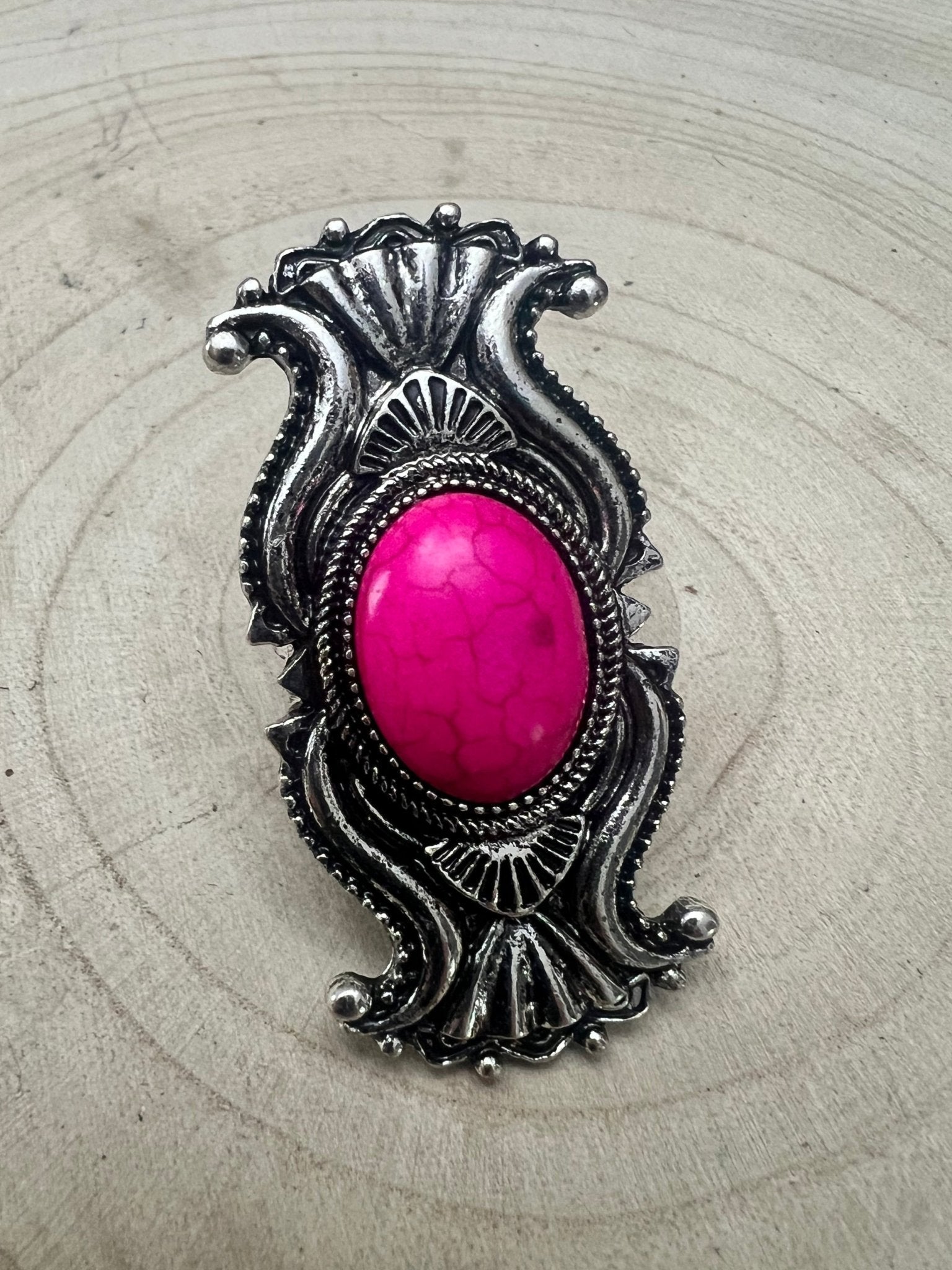 Western Concho Adjustable Ring with Faux Pink Stone — Everyday Southwestern Hand Statement - Rooted & Reckless Co.