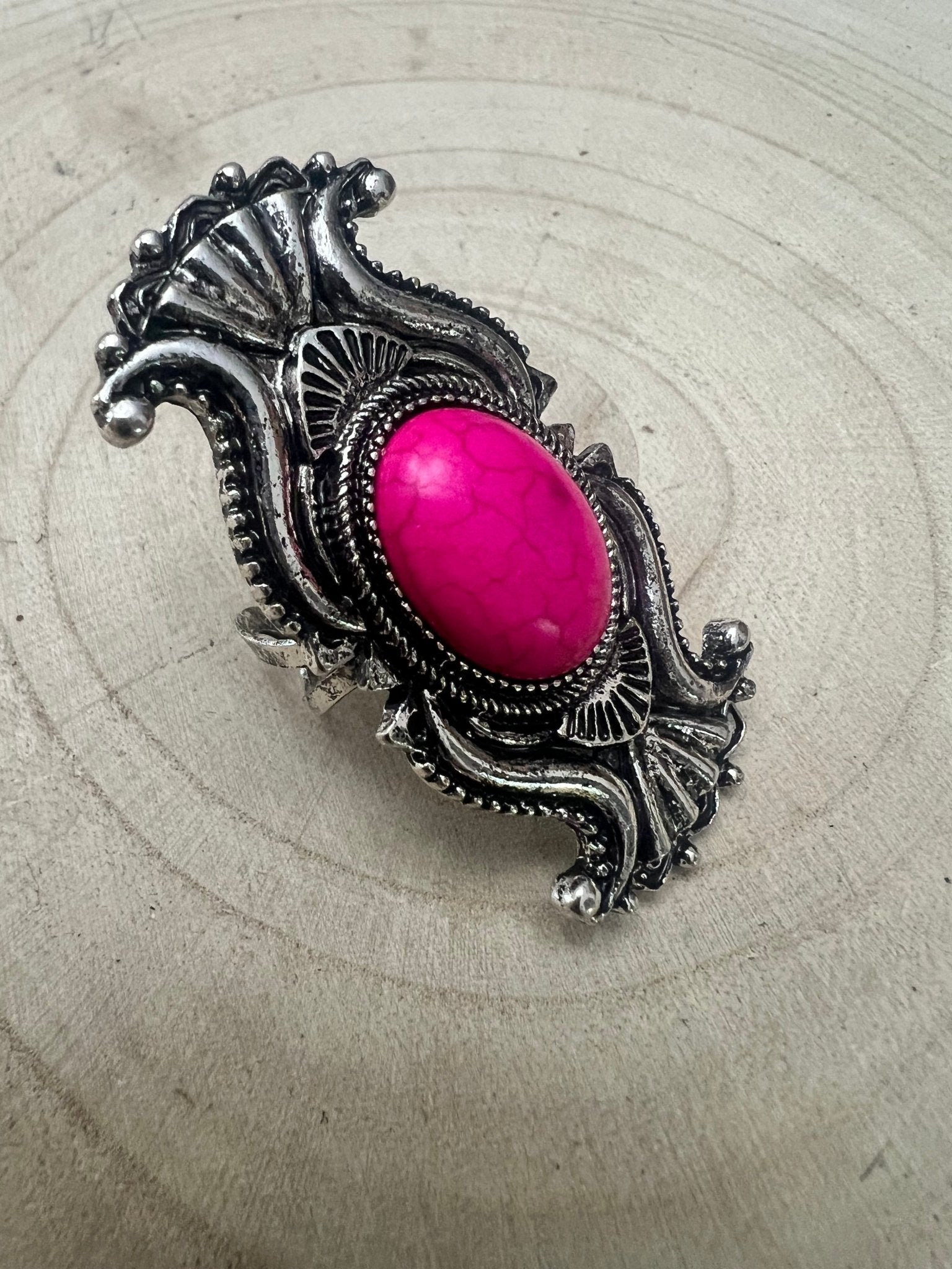 Western Concho Adjustable Ring with Faux Pink Stone — Everyday Southwestern Hand Statement - Rooted & Reckless Co.