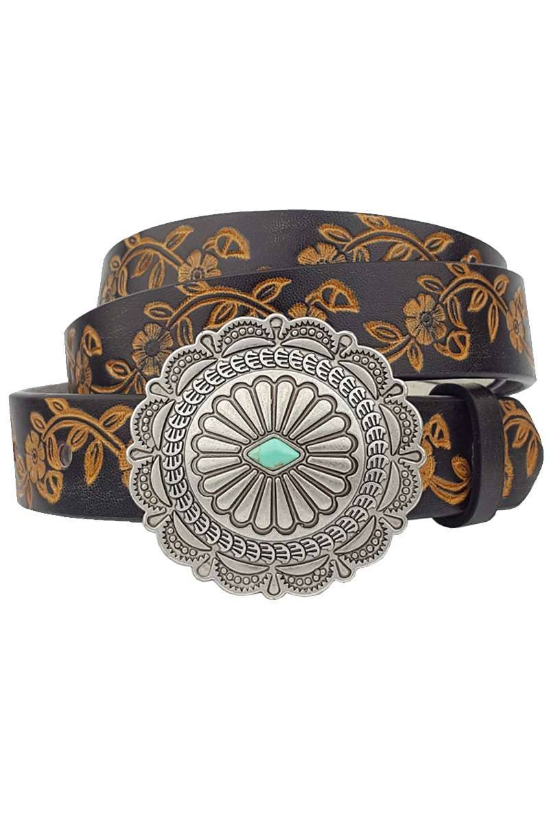 Western Concho Buckle Belt — Hand-Painted Leather with Faux Turquoise Center - Rooted & Reckless Co.