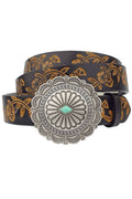 Western Concho Buckle Belt — Hand-Painted Leather with Faux Turquoise Center - Rooted & Reckless Co.