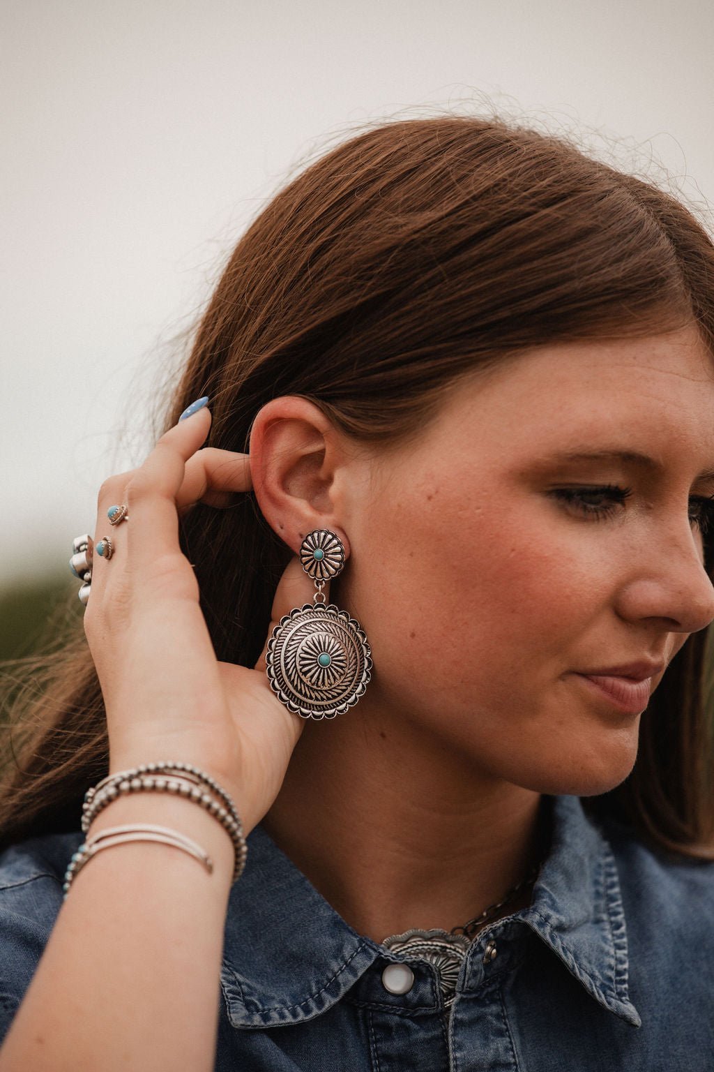 Western Concho Dangle Earrings with Faux Turquoise — 2½" Drop - Rooted & Reckless Co.
