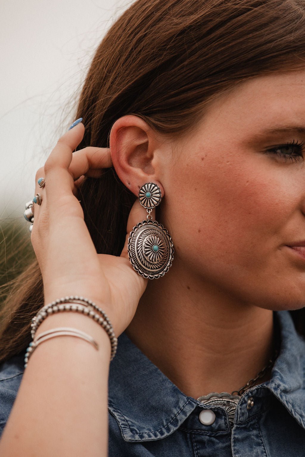 Western Concho Dangle Earrings with Faux Turquoise — 2½" Drop - Rooted & Reckless Co.