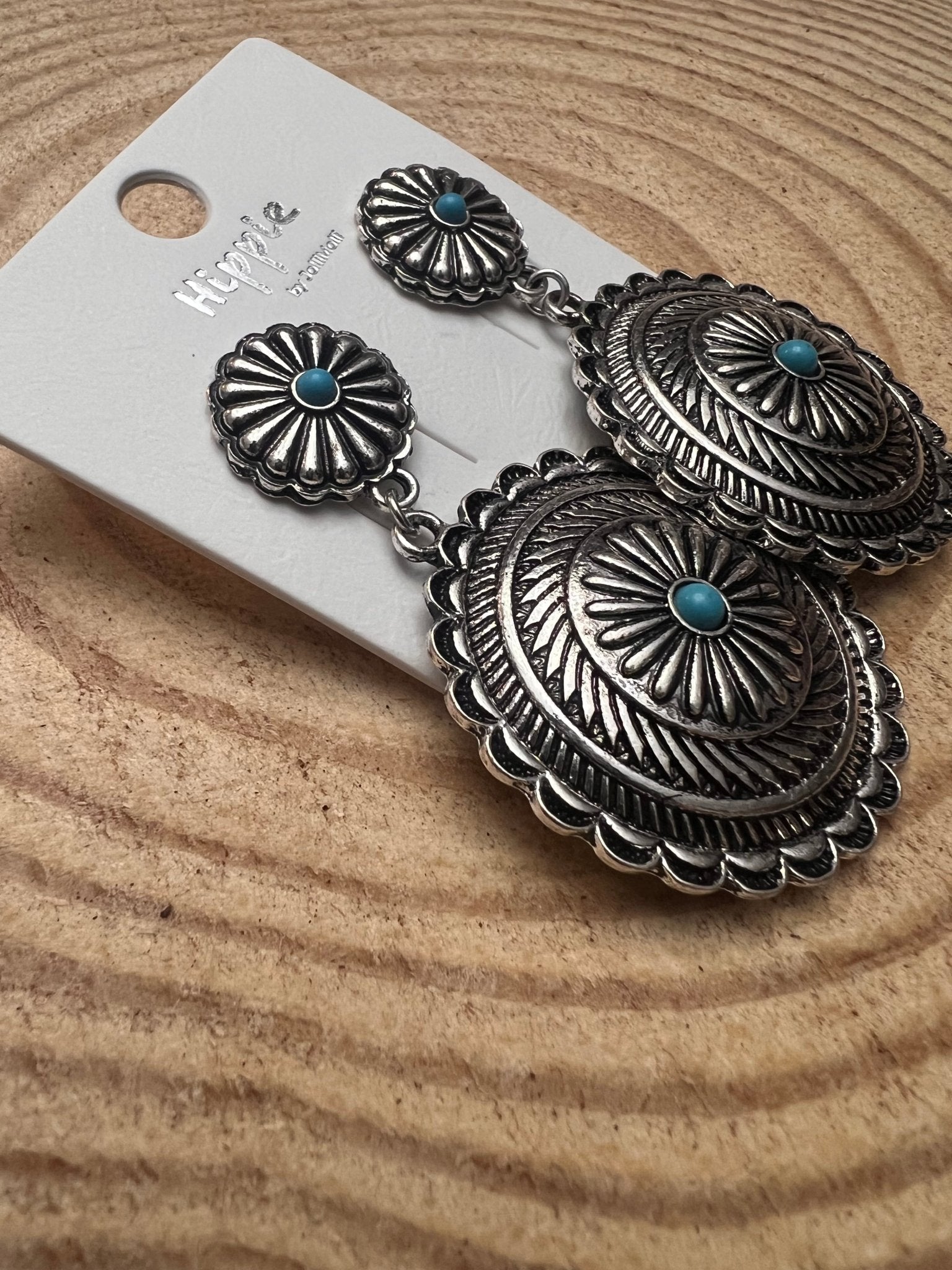 Western Concho Dangle Earrings with Faux Turquoise — 2½" Drop - Rooted & Reckless Co.