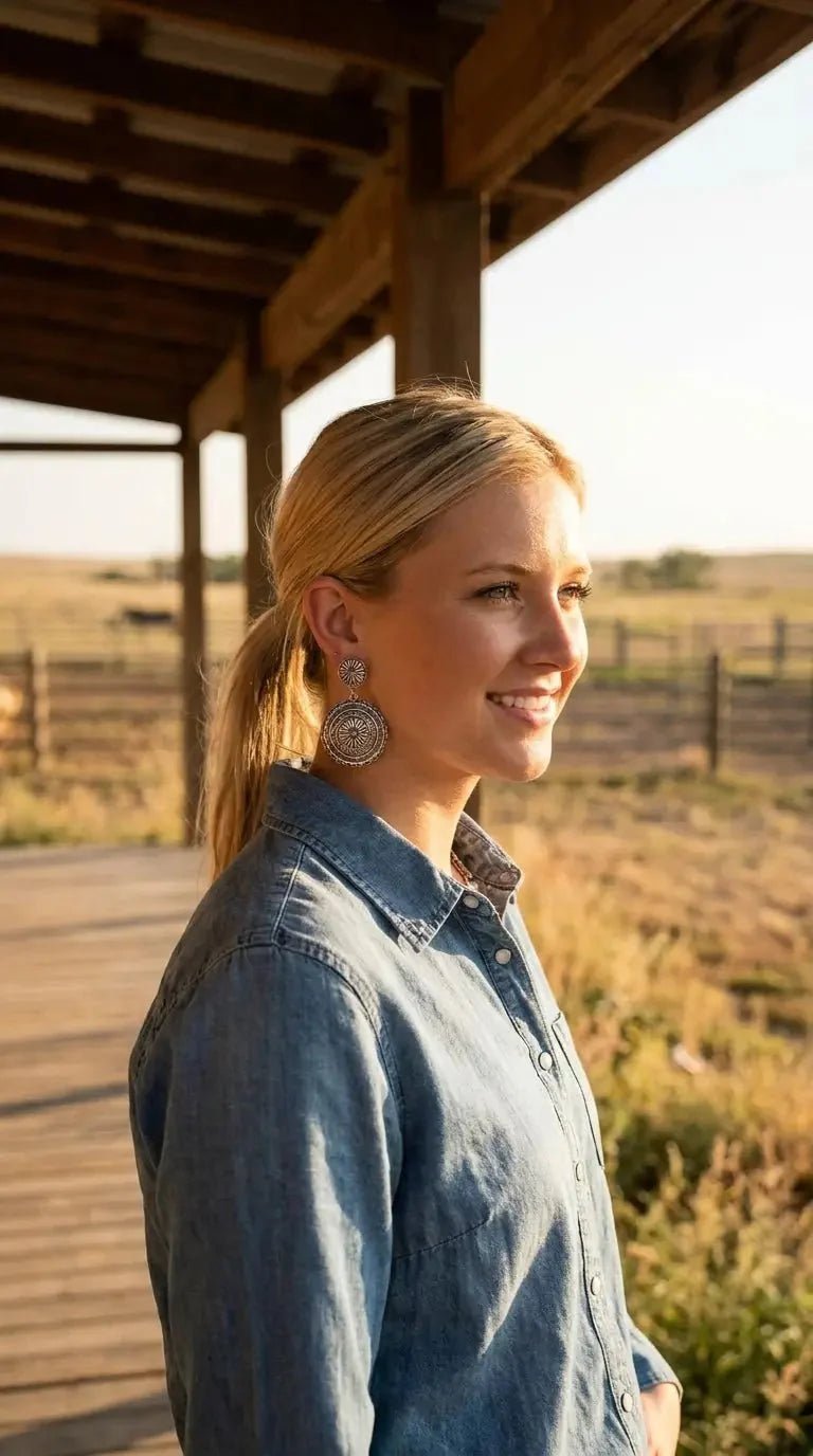 Western Concho Dangle Earrings with Faux Turquoise — 2½" Drop - Rooted & Reckless Co.