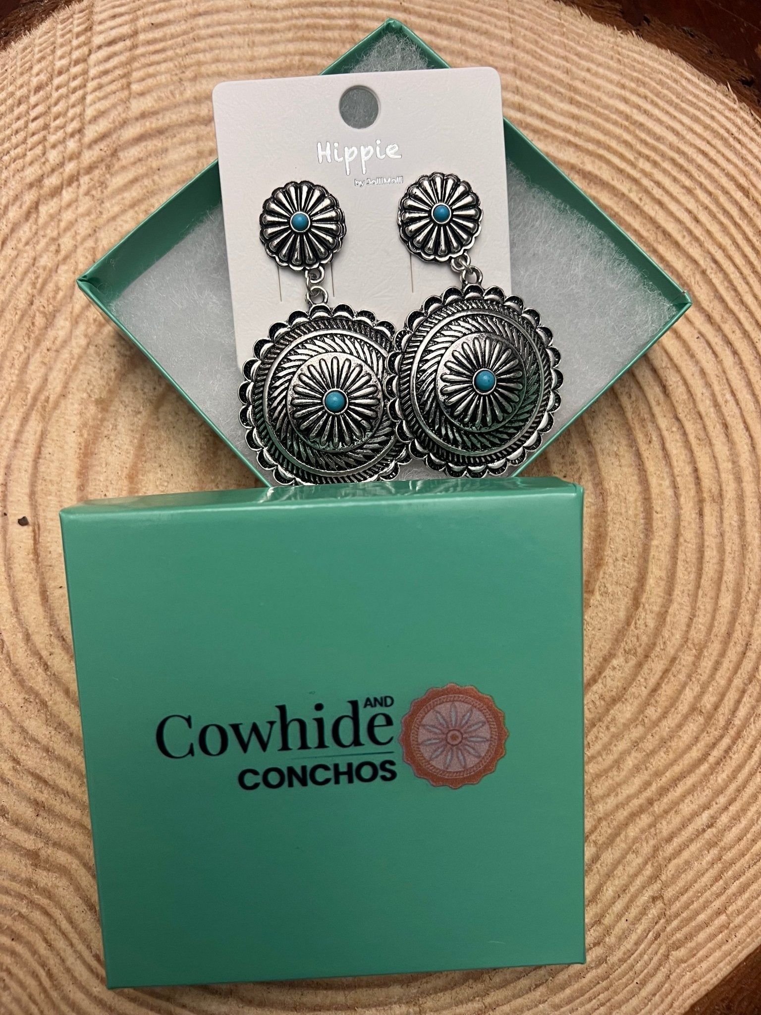 Western Concho Dangle Earrings with Faux Turquoise — 2½" Drop - Rooted & Reckless Co.