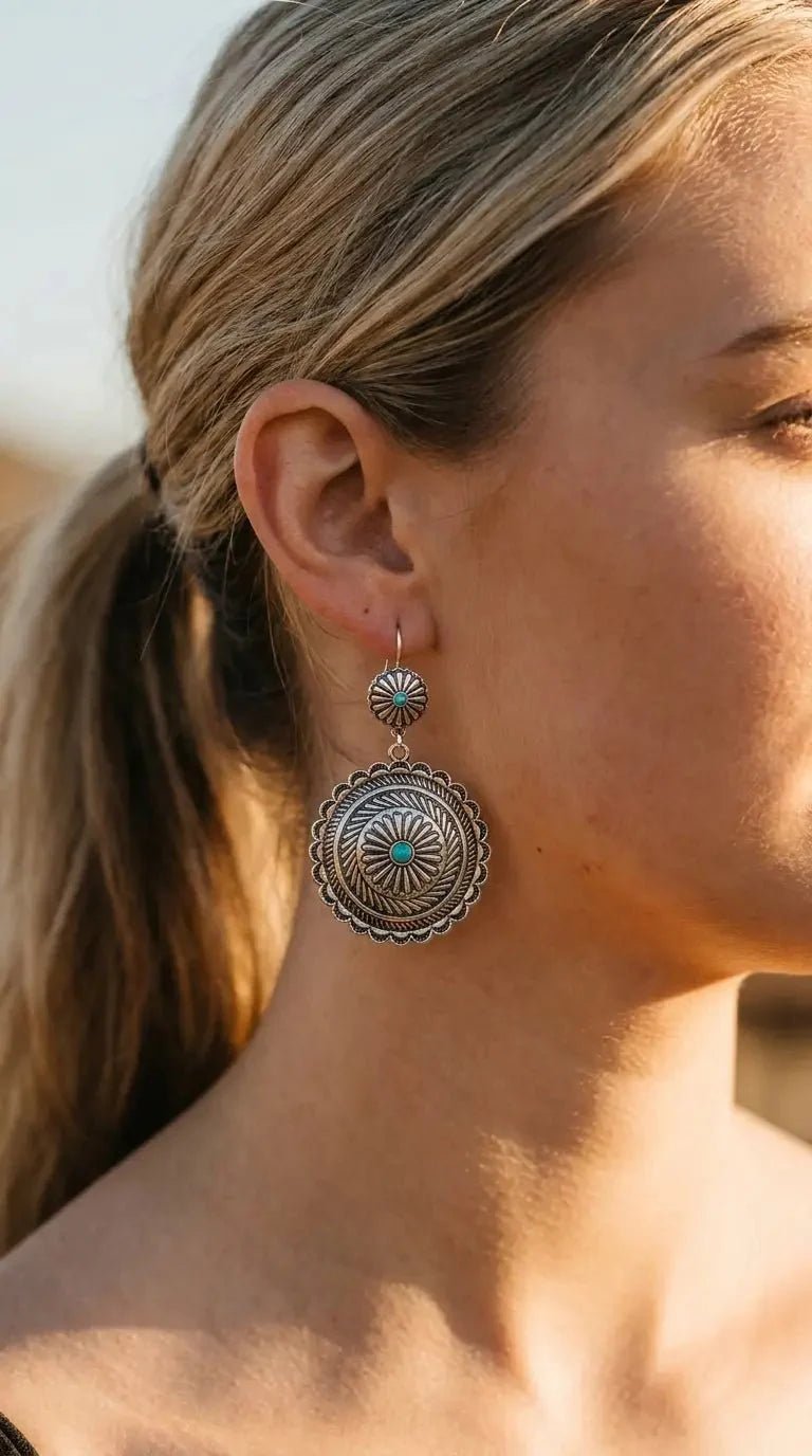 Western Concho Dangle Earrings with Faux Turquoise — 2½" Drop - Rooted & Reckless Co.