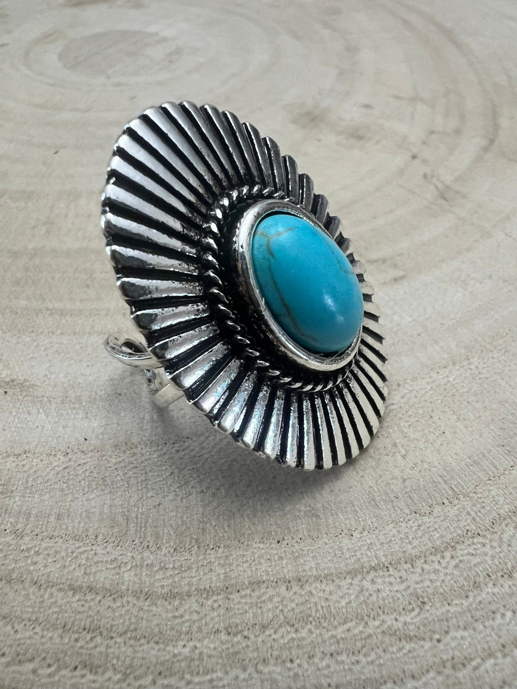 Western Concho & Faux Turquoise Adjustable Statement Ring — 1.5" Bold Western Hand Statement - Rooted & Reckless Co.