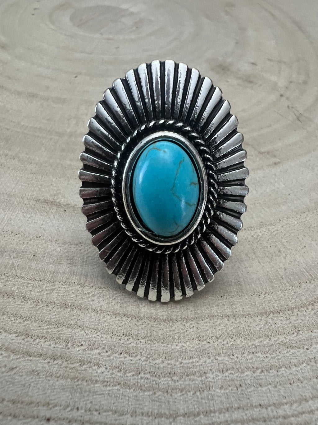 Western Concho & Faux Turquoise Adjustable Statement Ring — 1.5" Bold Western Hand Statement - Rooted & Reckless Co.