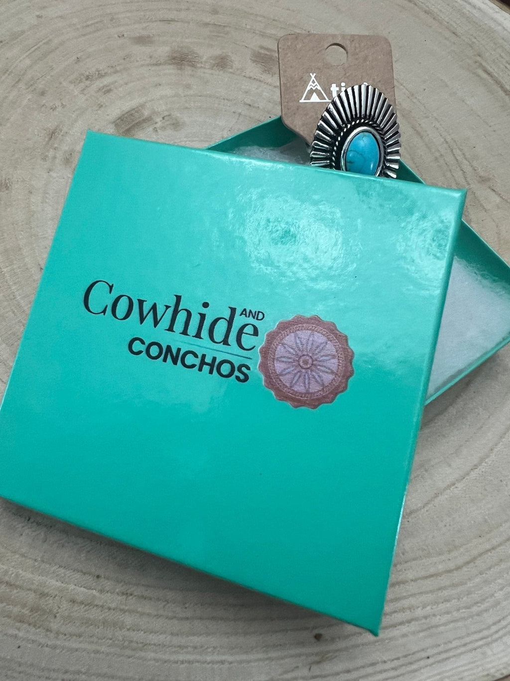 Western Concho & Faux Turquoise Adjustable Statement Ring — 1.5" Bold Western Hand Statement - Rooted & Reckless Co.