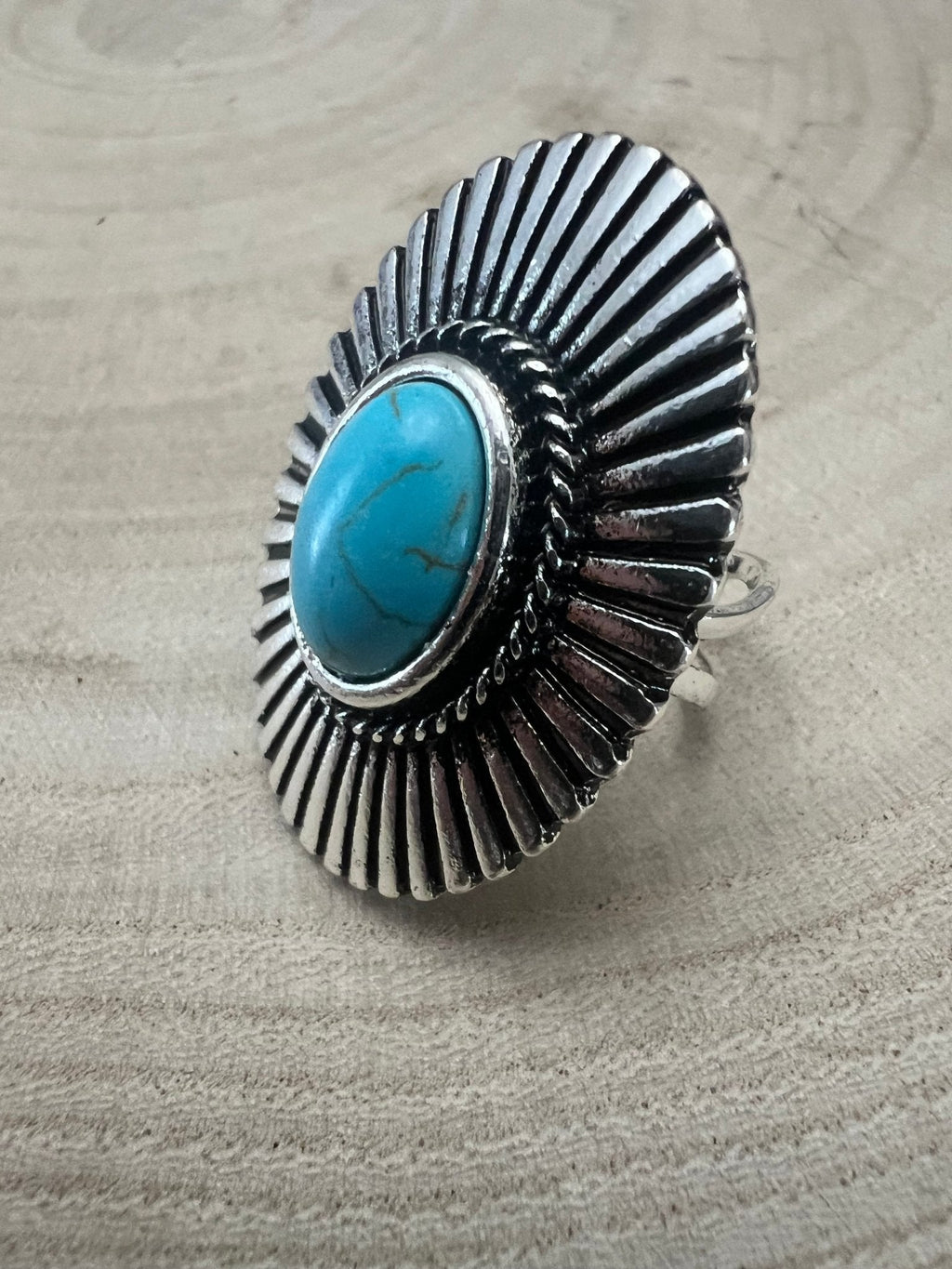 Western Concho & Faux Turquoise Adjustable Statement Ring — 1.5" Bold Western Hand Statement - Rooted & Reckless Co.