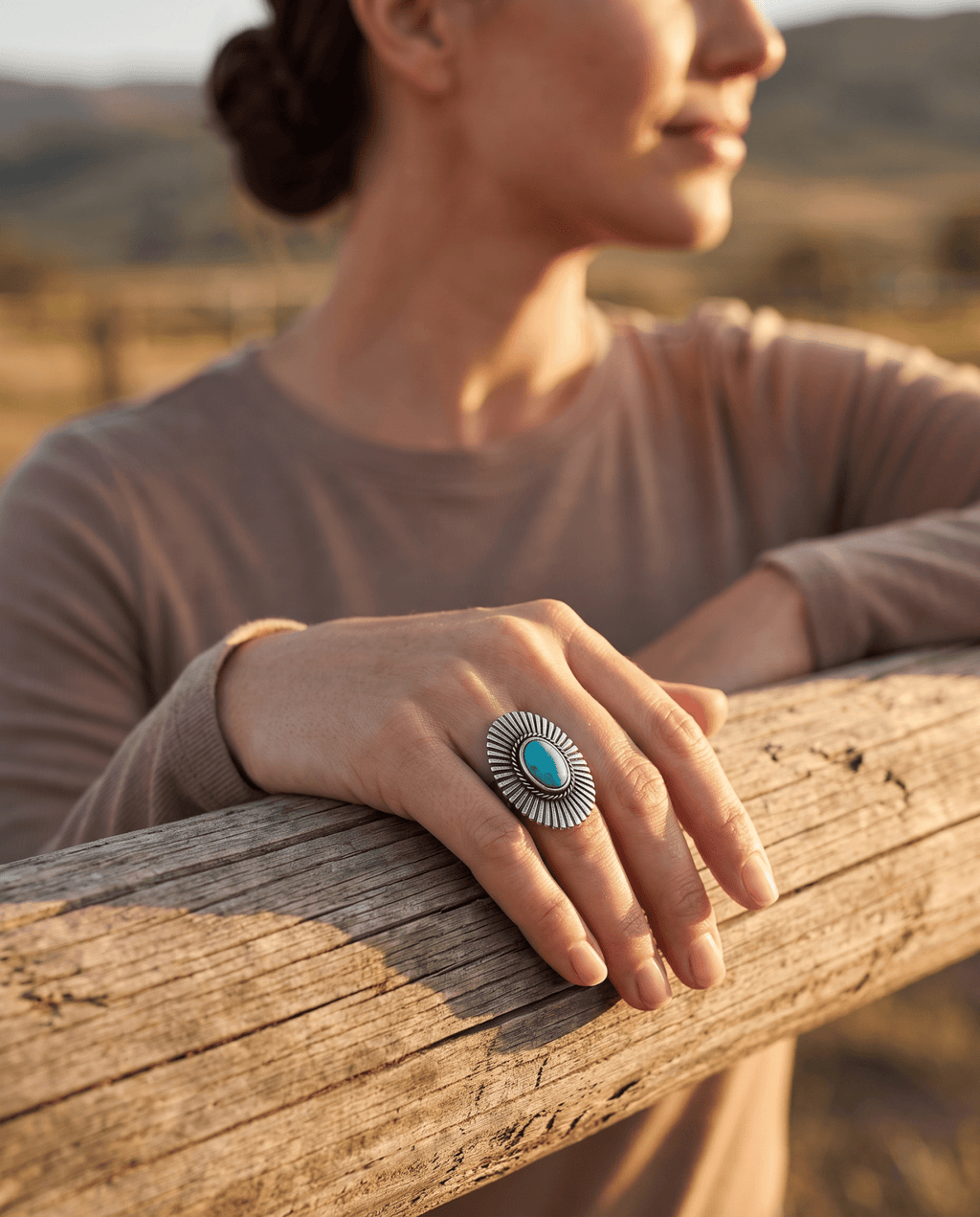 Western Concho & Faux Turquoise Adjustable Statement Ring — 1.5" Bold Western Hand Statement - Rooted & Reckless Co.