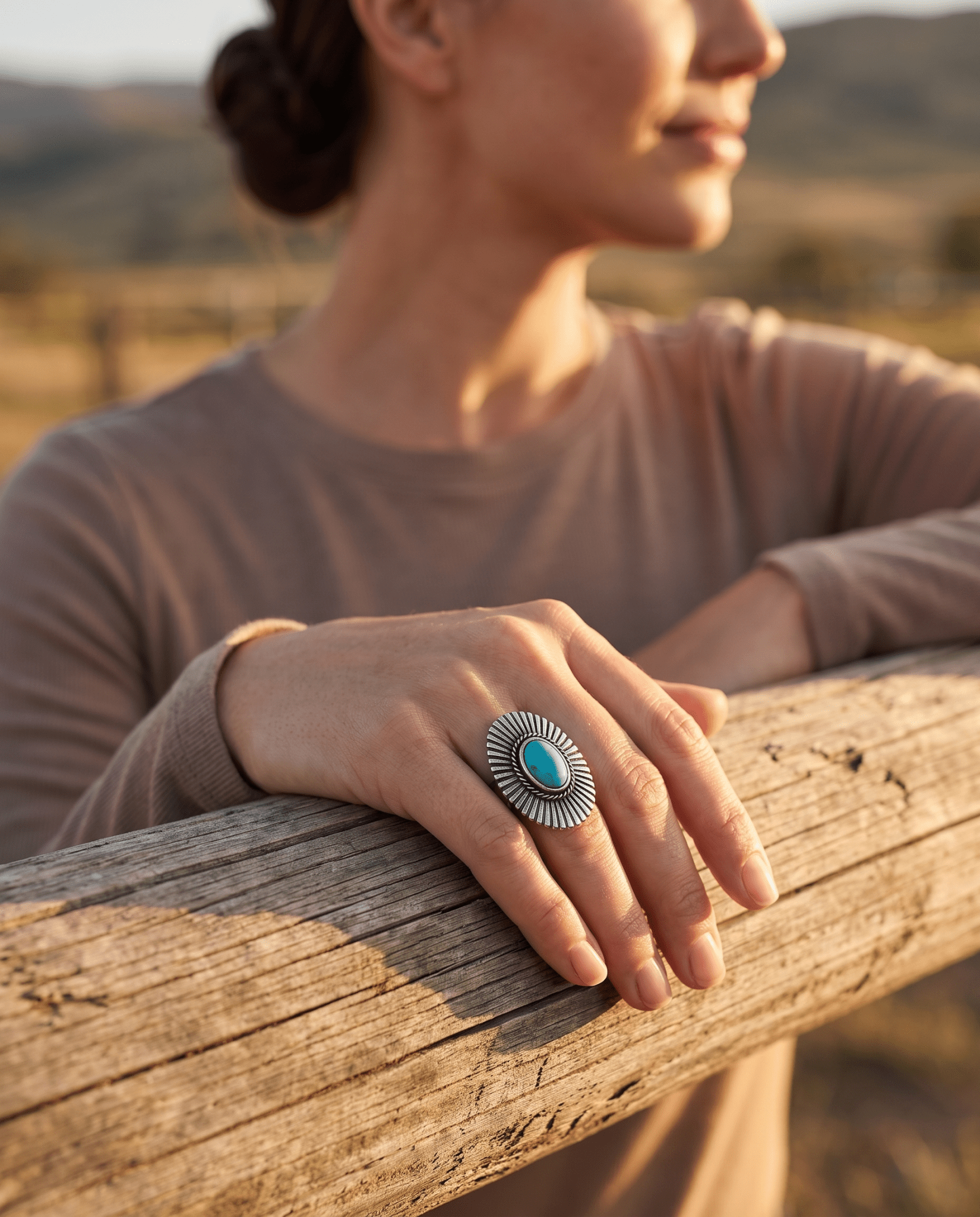 Western Concho & Faux Turquoise Adjustable Statement Ring — 1.5" Bold Western Hand Statement - Rooted & Reckless Co.