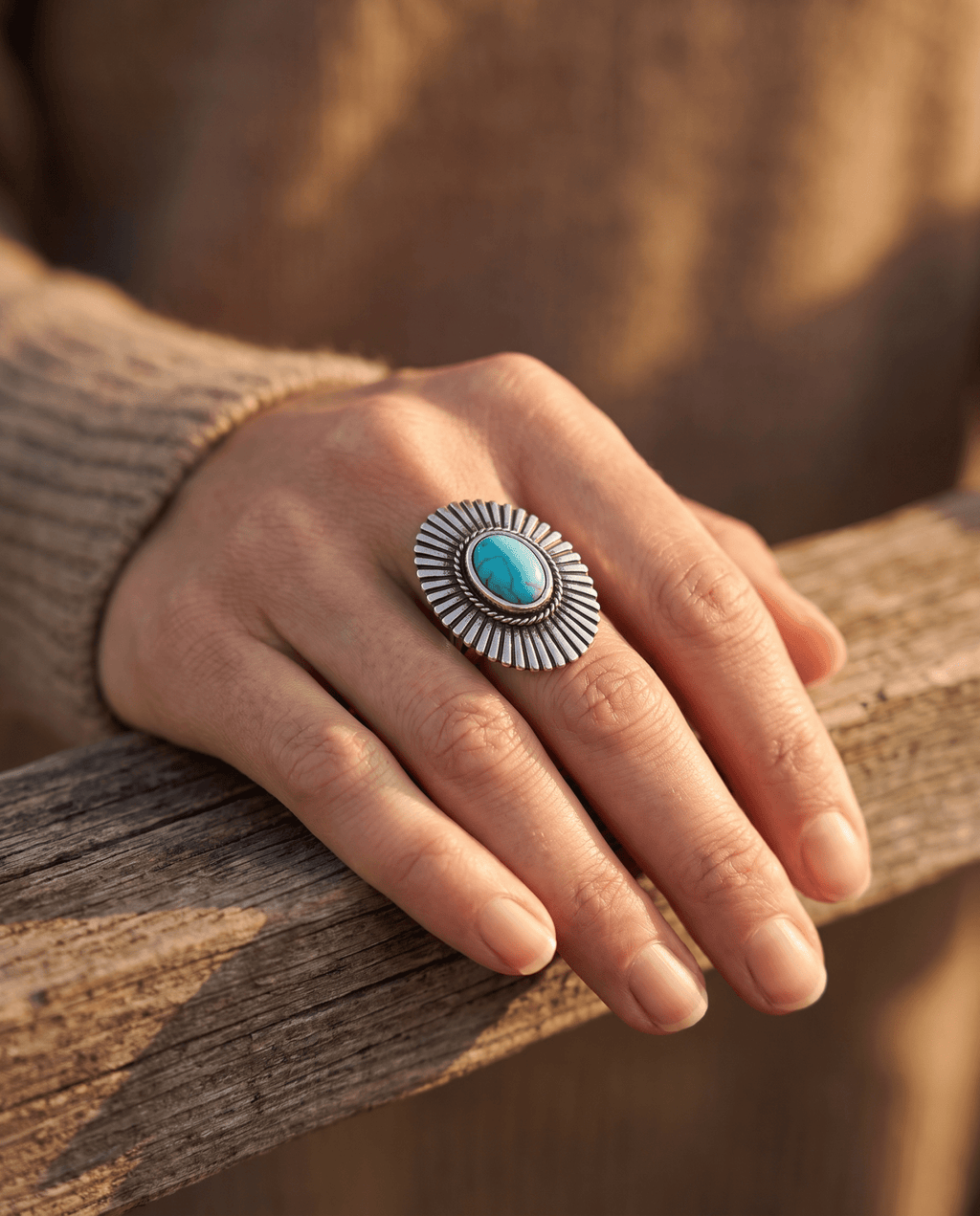 Western Concho & Faux Turquoise Adjustable Statement Ring — 1.5" Bold Western Hand Statement - Rooted & Reckless Co.