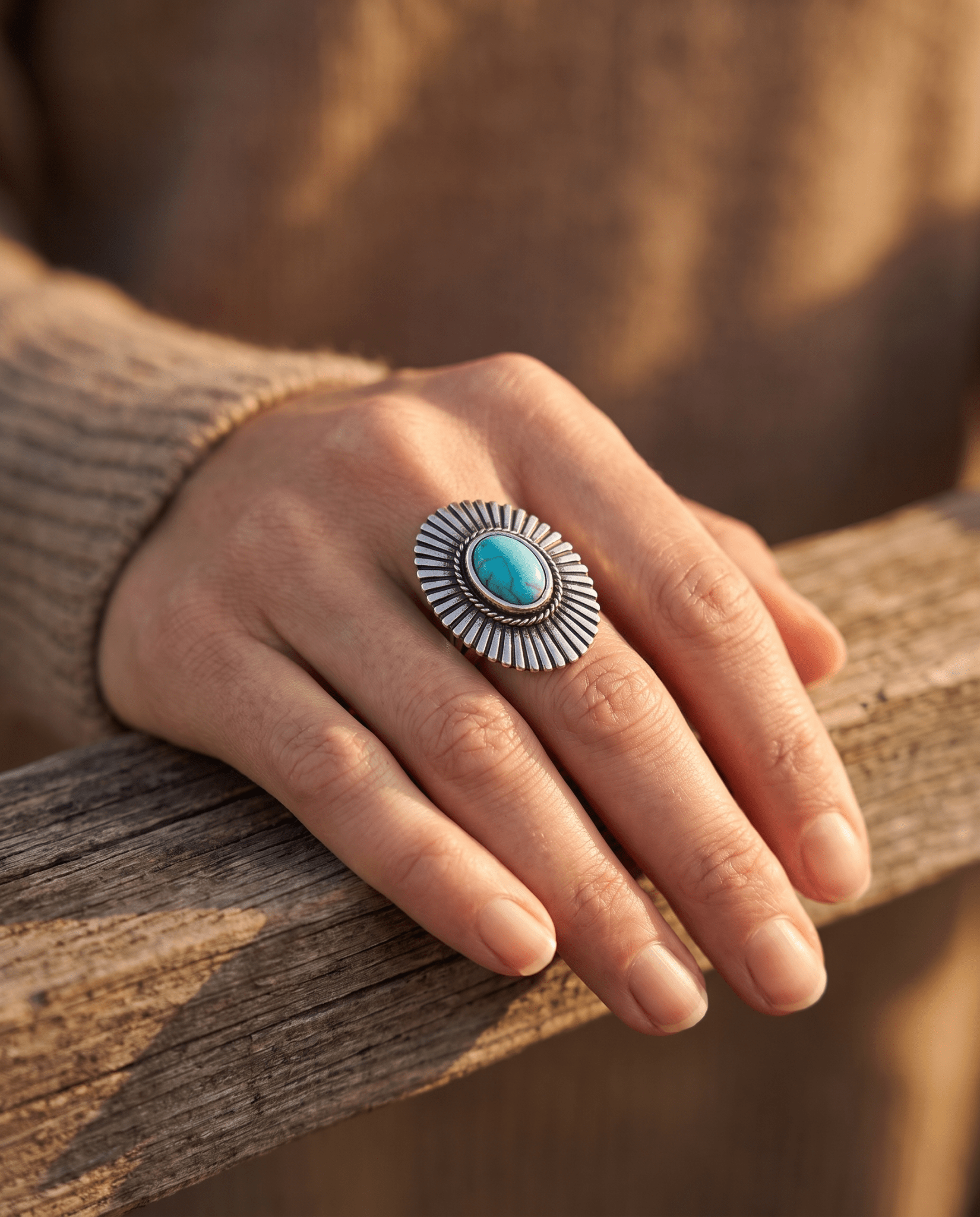 Western Concho & Faux Turquoise Adjustable Statement Ring — 1.5" Bold Western Hand Statement - Rooted & Reckless Co.