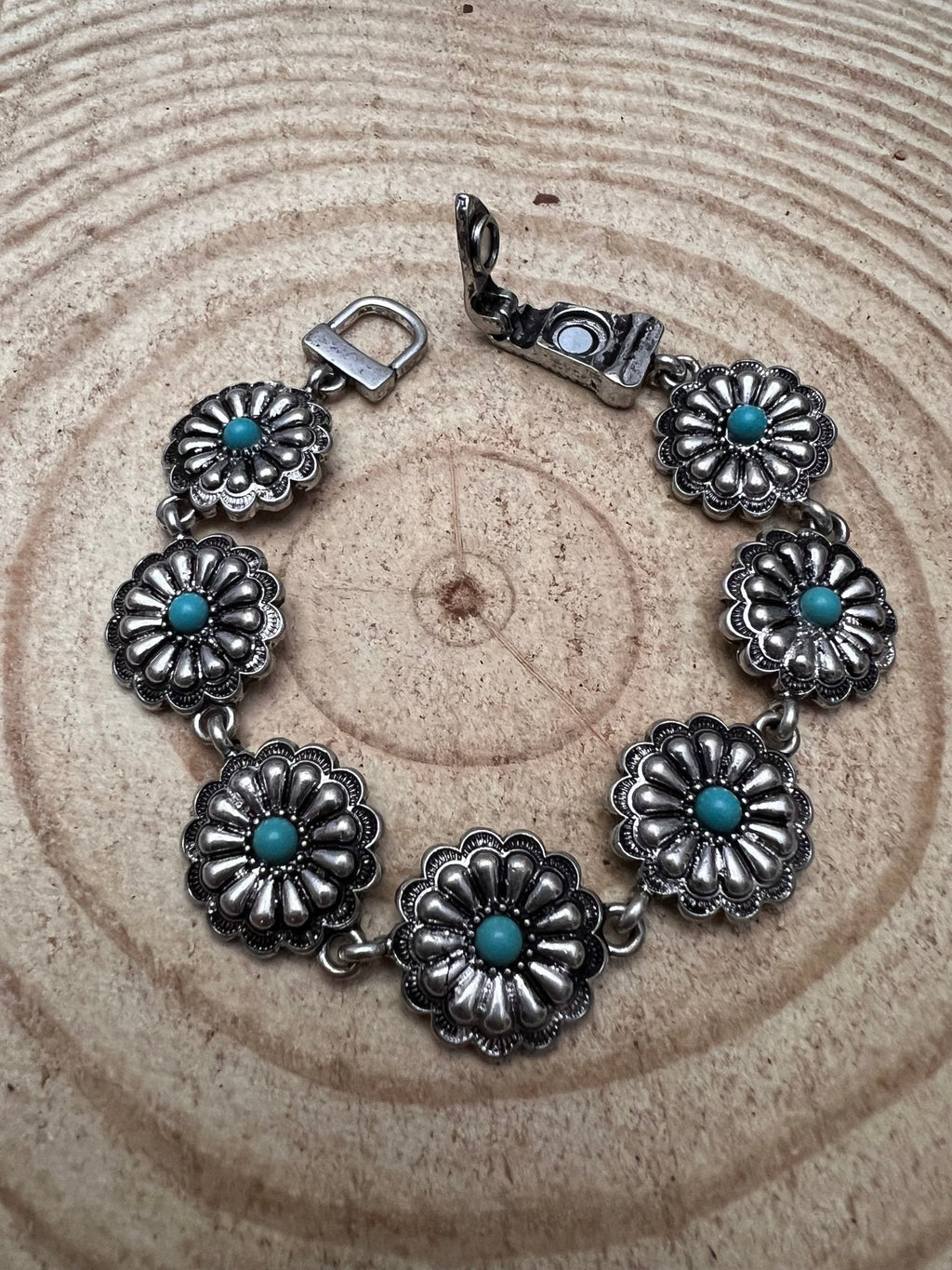 Western Concho & Faux Turquoise Magnetic Bracelet - Rooted & Reckless Co.