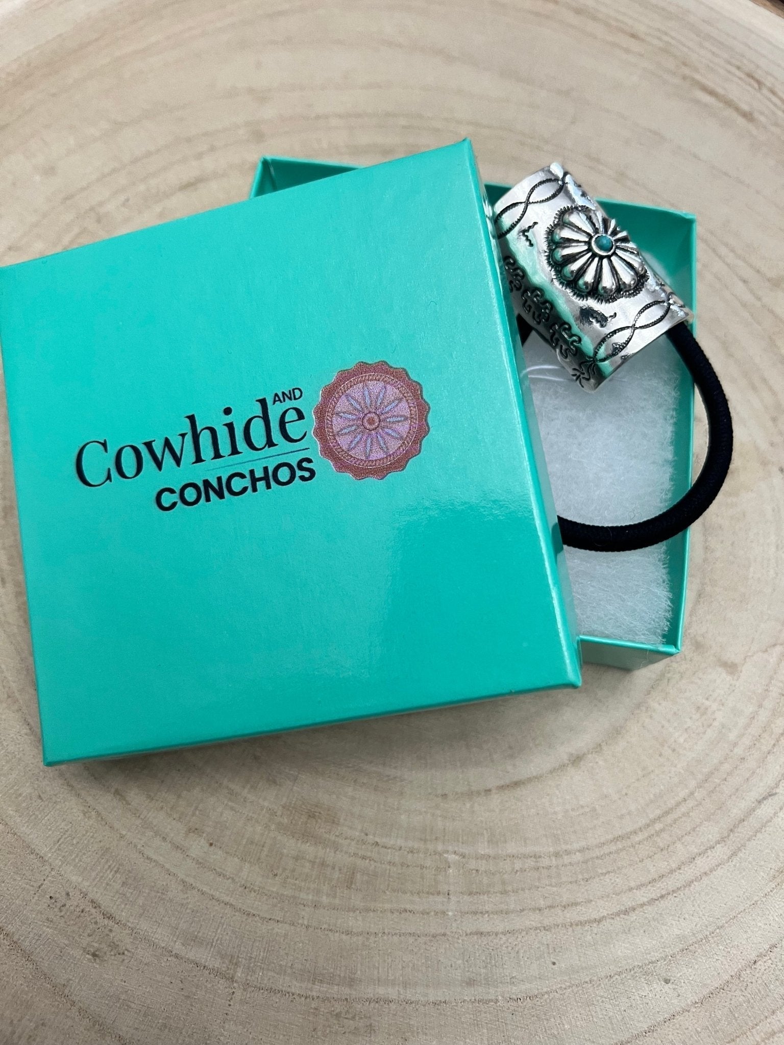Western Concho & Faux Turquoise Stone Hair Tie — Burnished Silver Hair Statement - Rooted & Reckless Co.