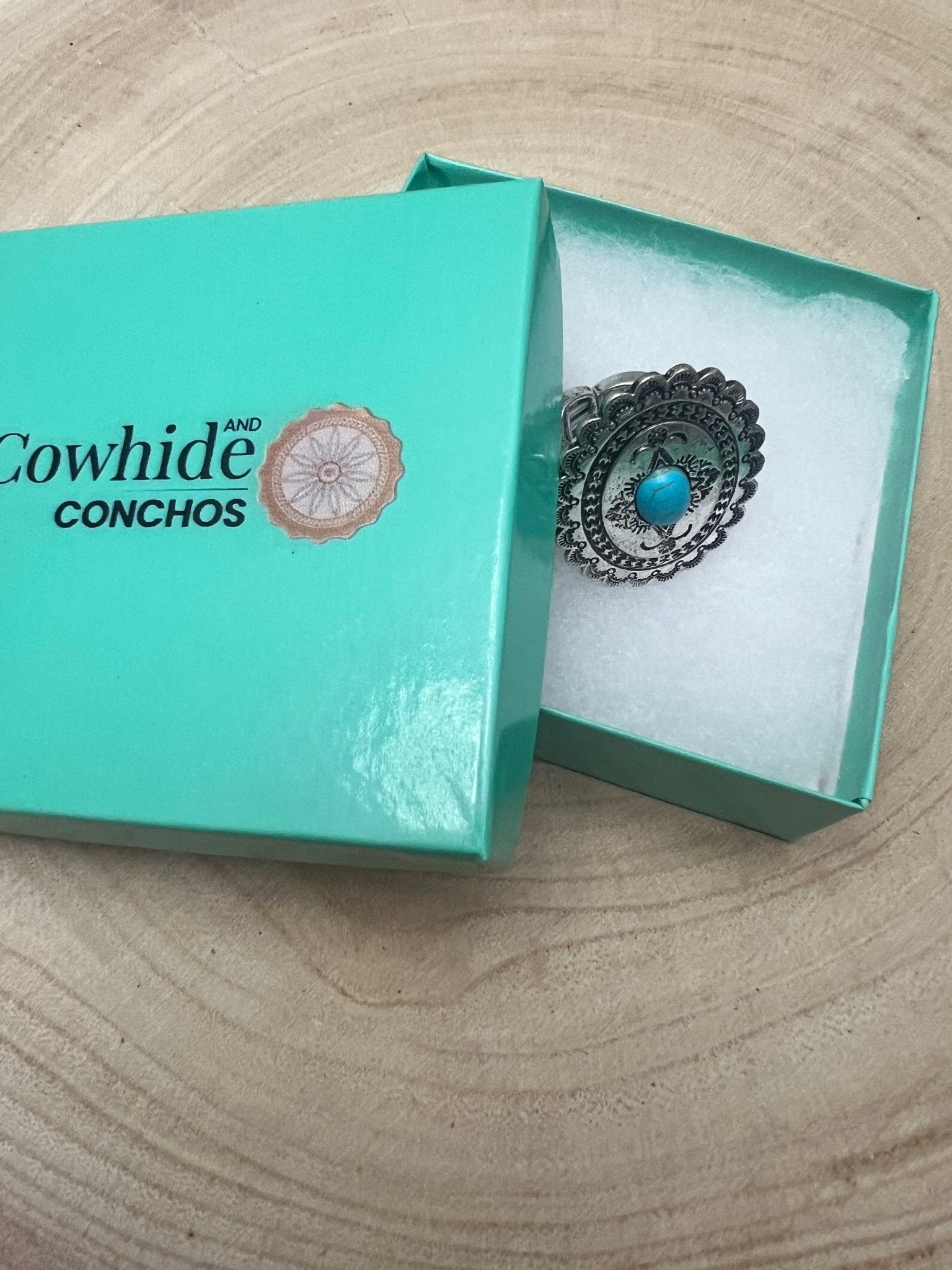 Western Concho & Faux Turquoise Stretch Statement Ring — 1.5" Bold Western Hand Statement - Rooted & Reckless Co.