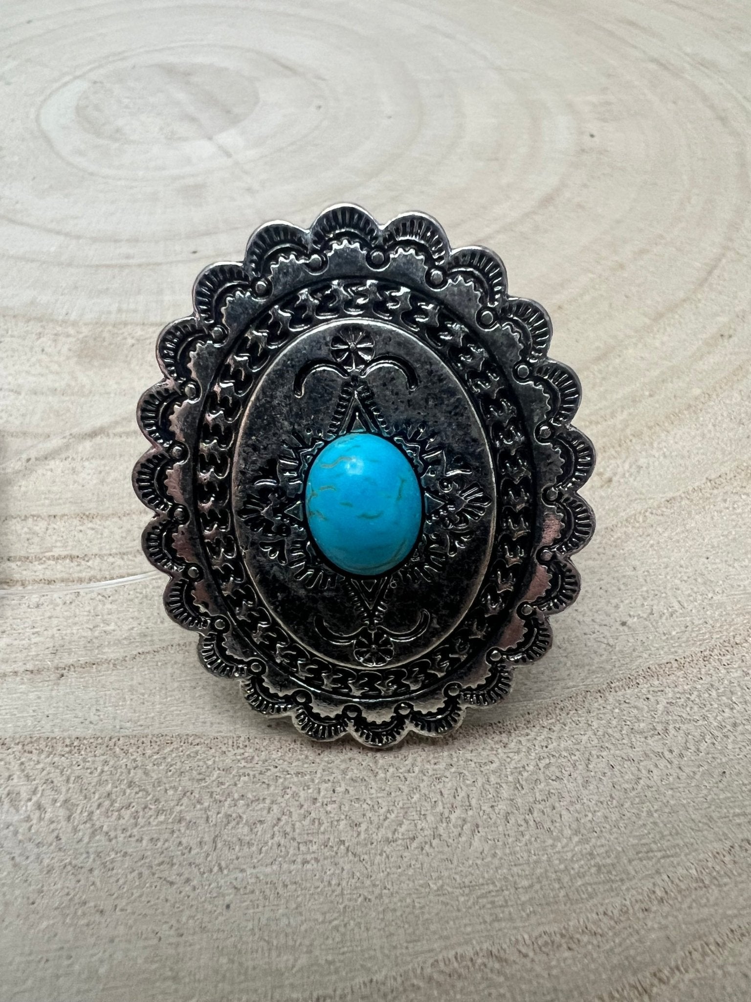 Western Concho & Faux Turquoise Stretch Statement Ring — 1.5" Bold Western Hand Statement - Rooted & Reckless Co.