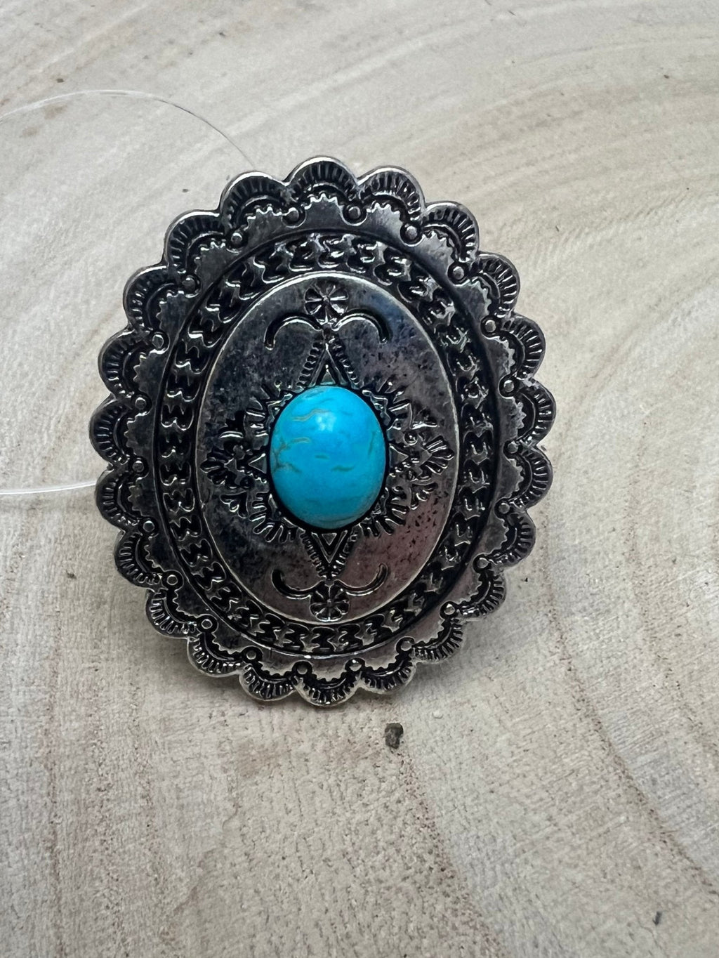 Western Concho & Faux Turquoise Stretch Statement Ring — 1.5" Bold Western Hand Statement - Rooted & Reckless Co.