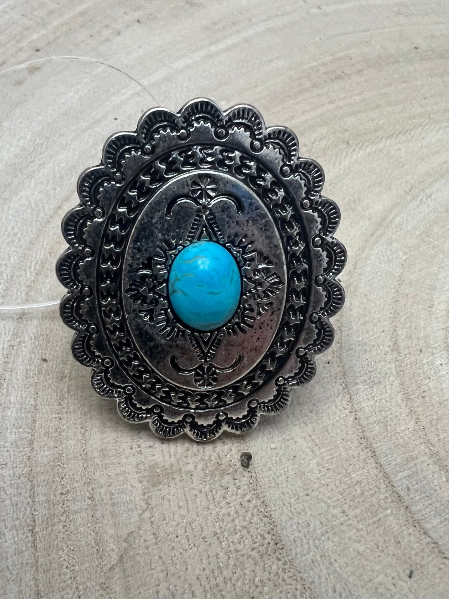 Western Concho & Faux Turquoise Stretch Statement Ring — 1.5" Bold Western Hand Statement - Rooted & Reckless Co.