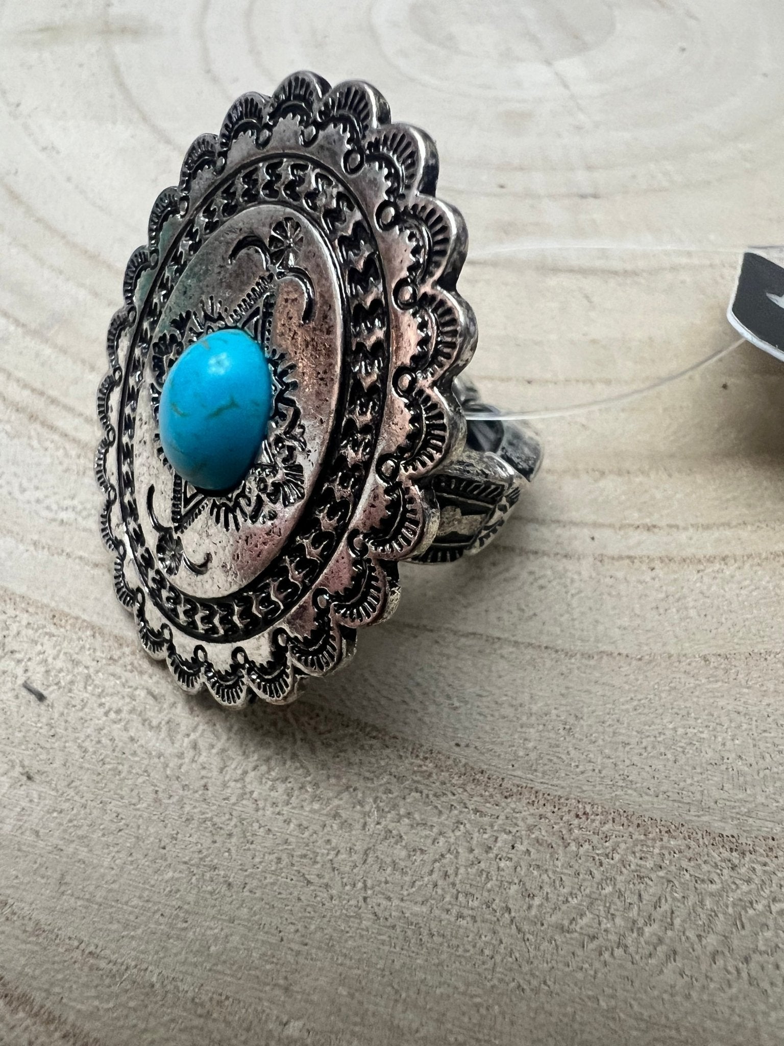 Western Concho & Faux Turquoise Stretch Statement Ring — 1.5" Bold Western Hand Statement - Rooted & Reckless Co.
